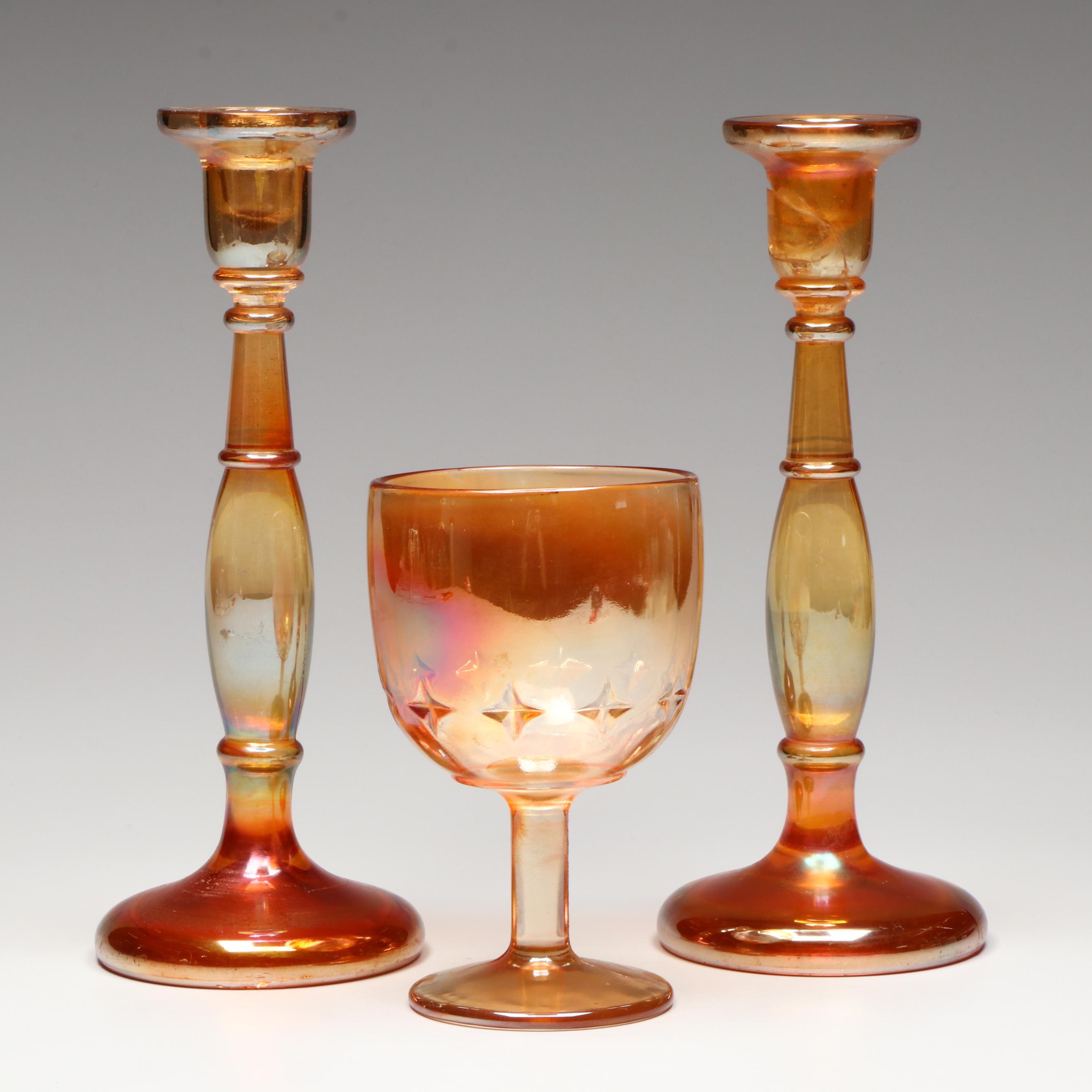 Fenton Marigold Carnival Glass Candlesticks and Indiana Glass Star Goblet