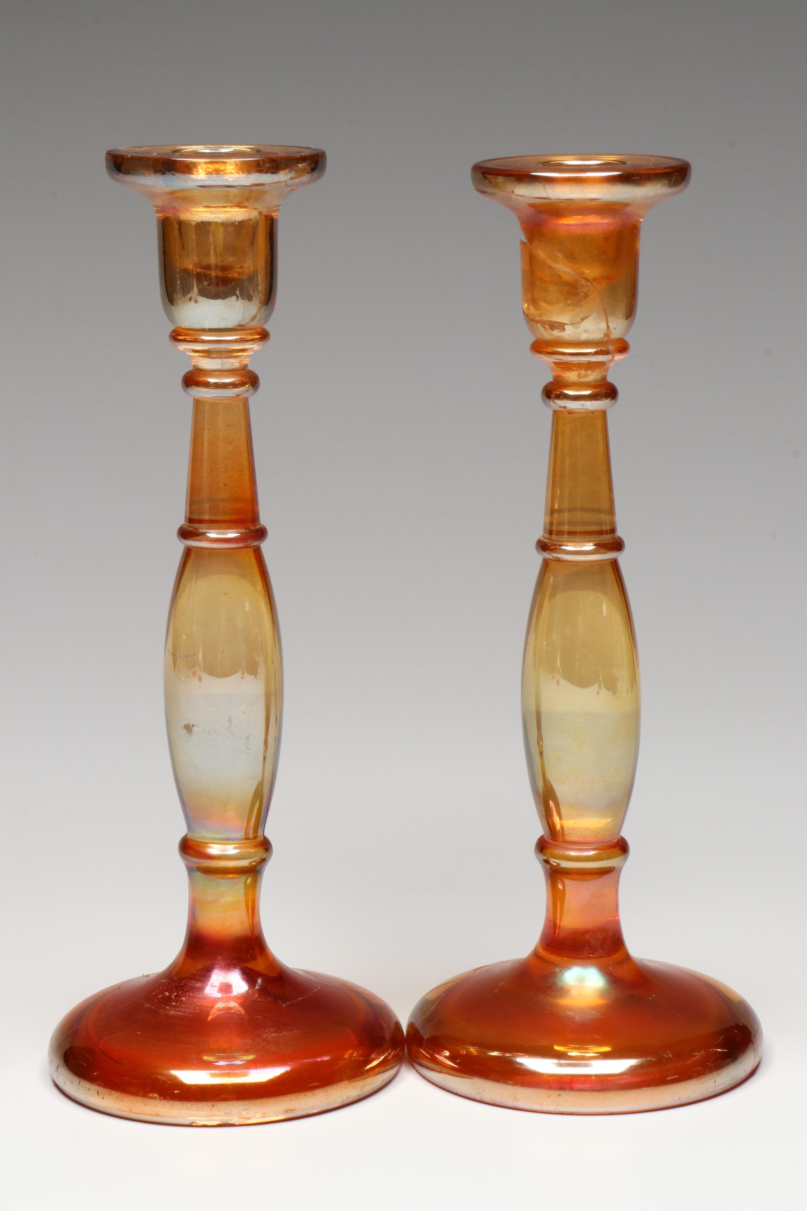 Fenton Marigold Carnival Glass Candlesticks and Indiana Glass Star Goblet