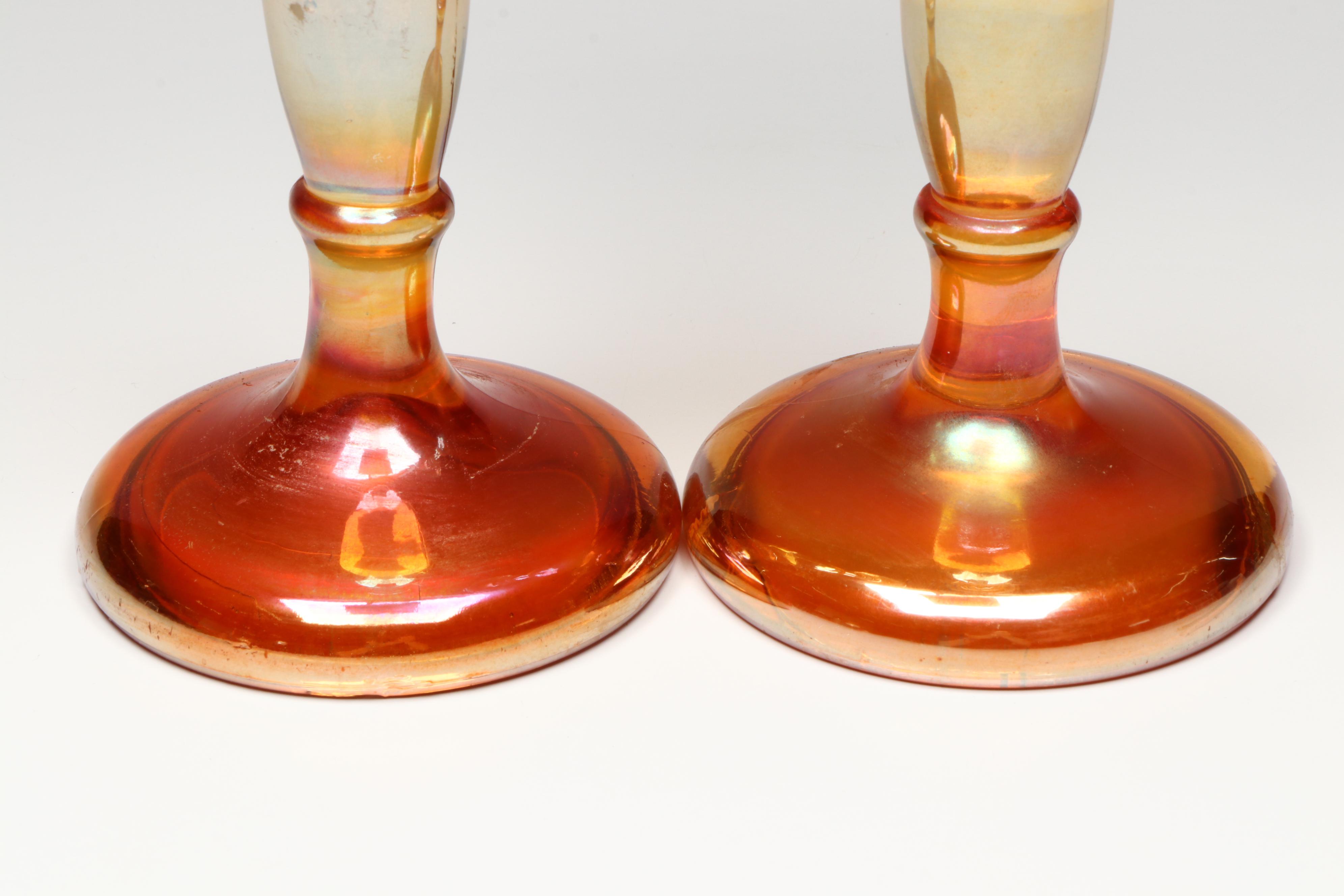 Fenton Marigold Carnival Glass Candlesticks and Indiana Glass Star Goblet