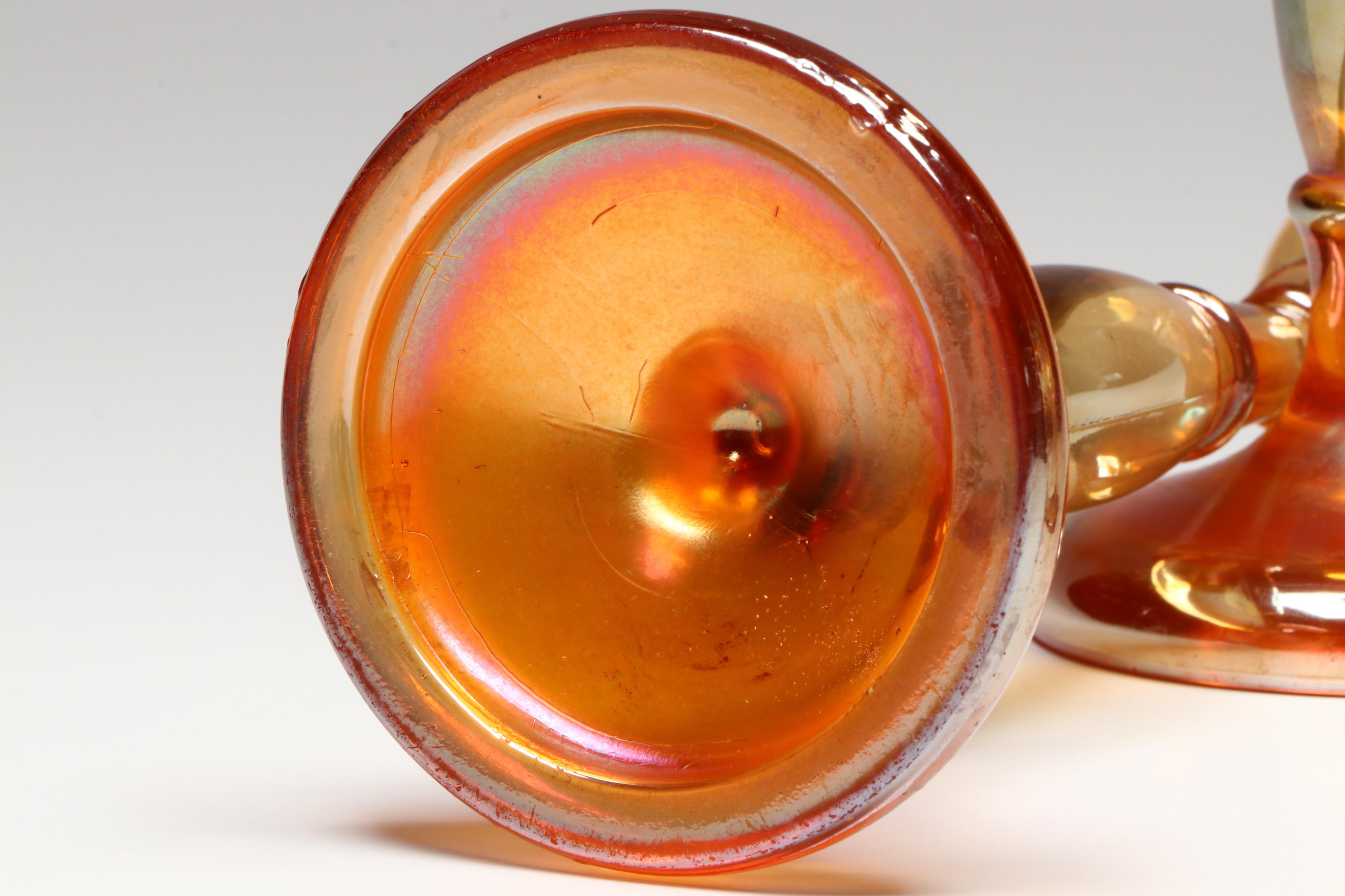 Fenton Marigold Carnival Glass Candlesticks and Indiana Glass Star Goblet