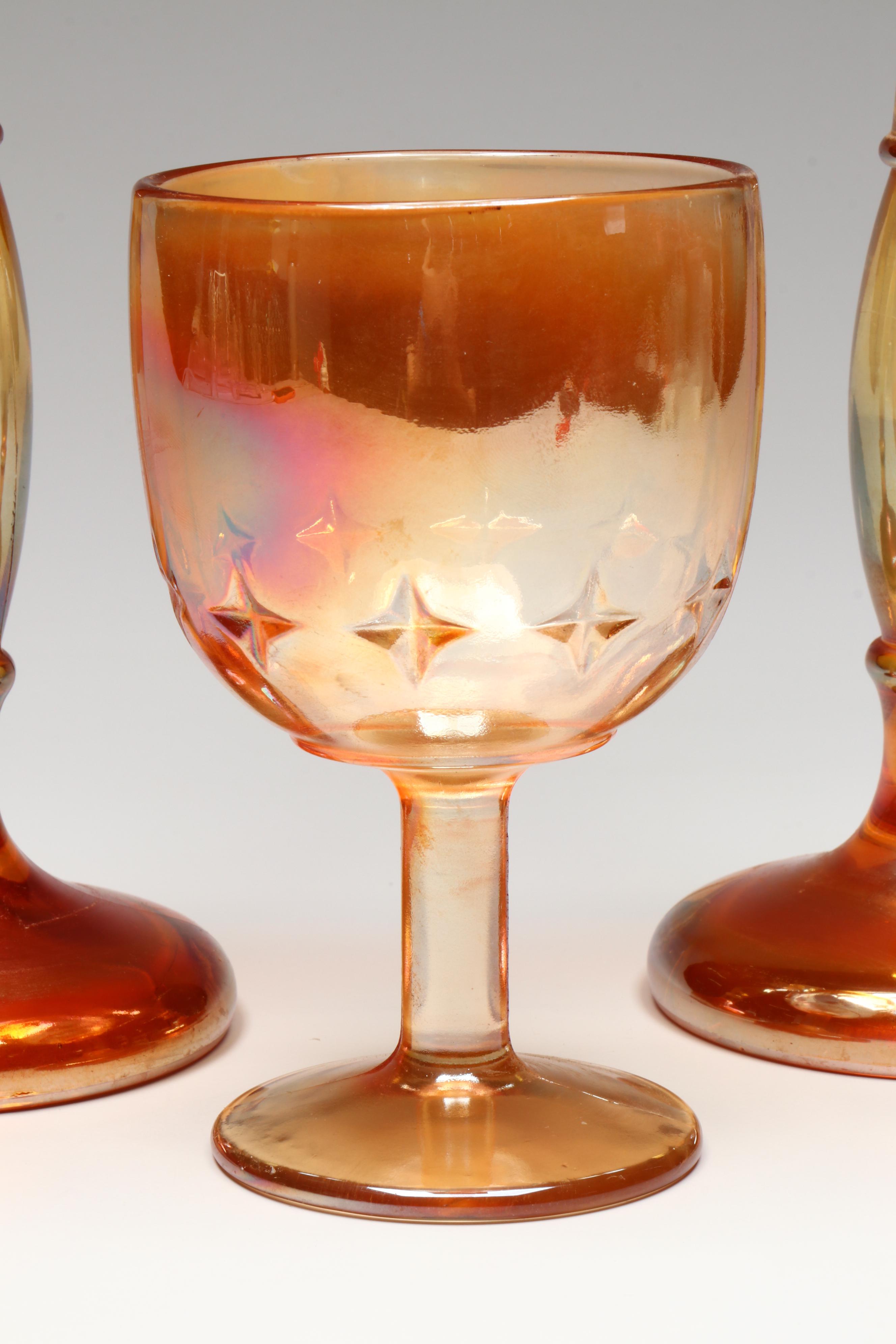 Fenton Marigold Carnival Glass Candlesticks and Indiana Glass Star Goblet