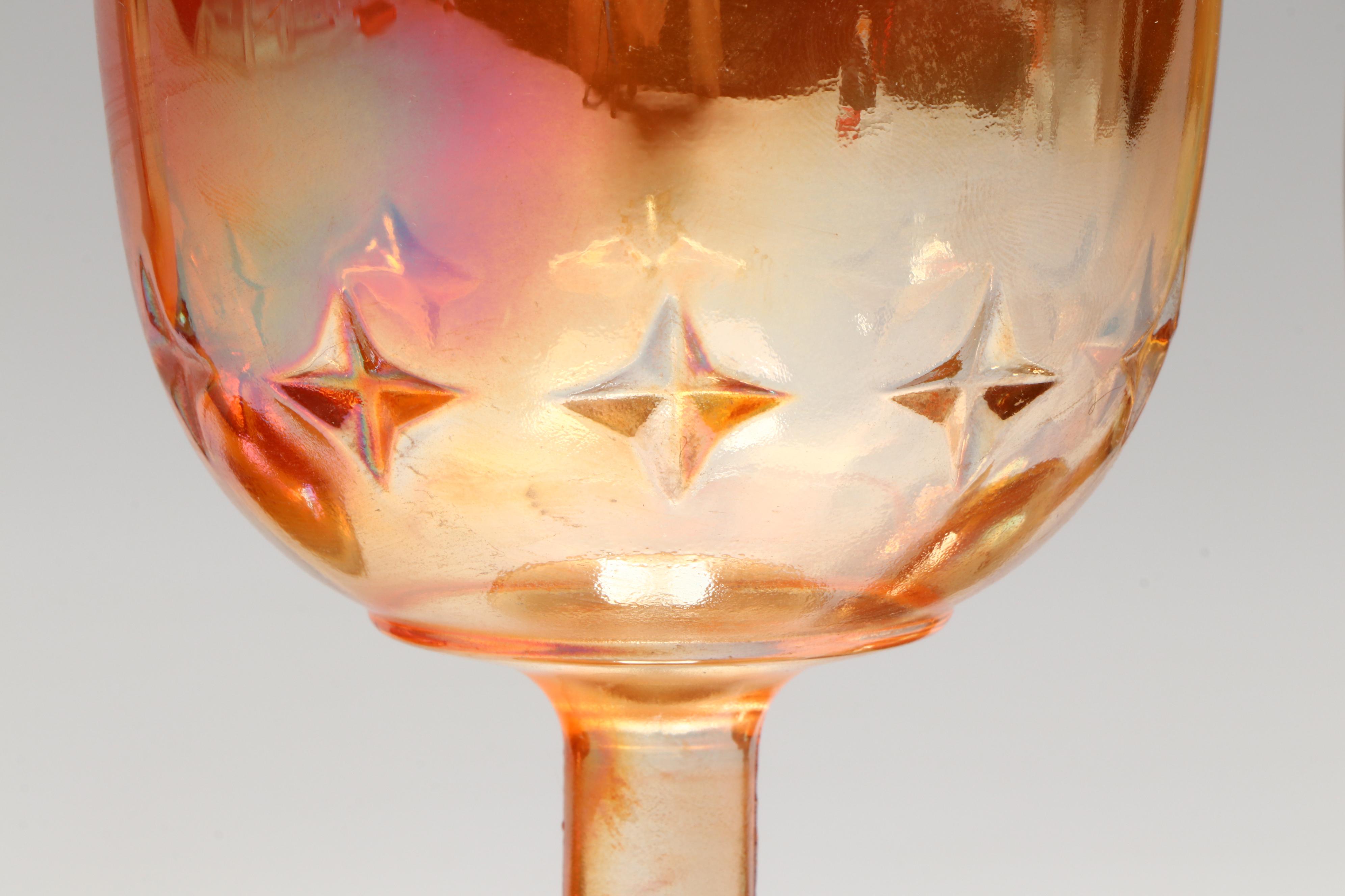 Fenton Marigold Carnival Glass Candlesticks and Indiana Glass Star Goblet