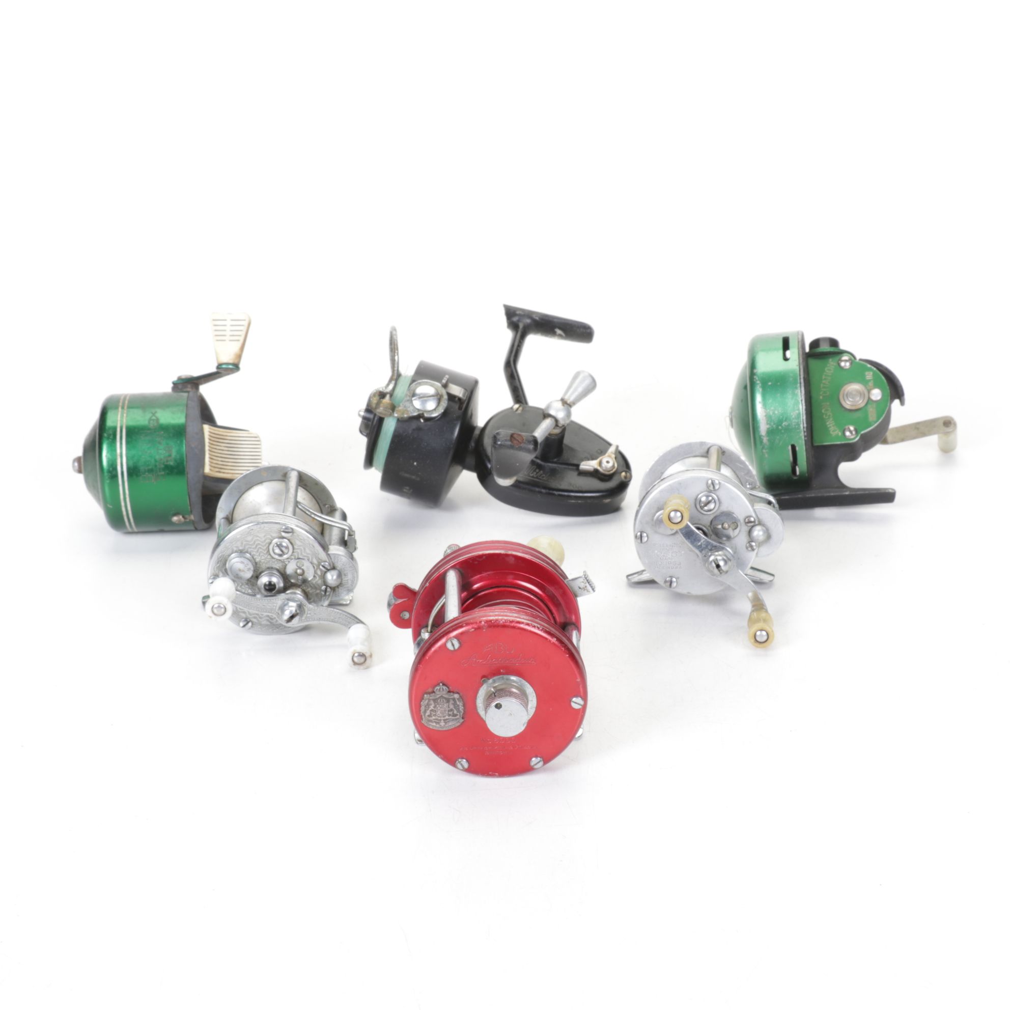 Six Vintage Fishing Reels with Pflueger, Garcia, and ABU
