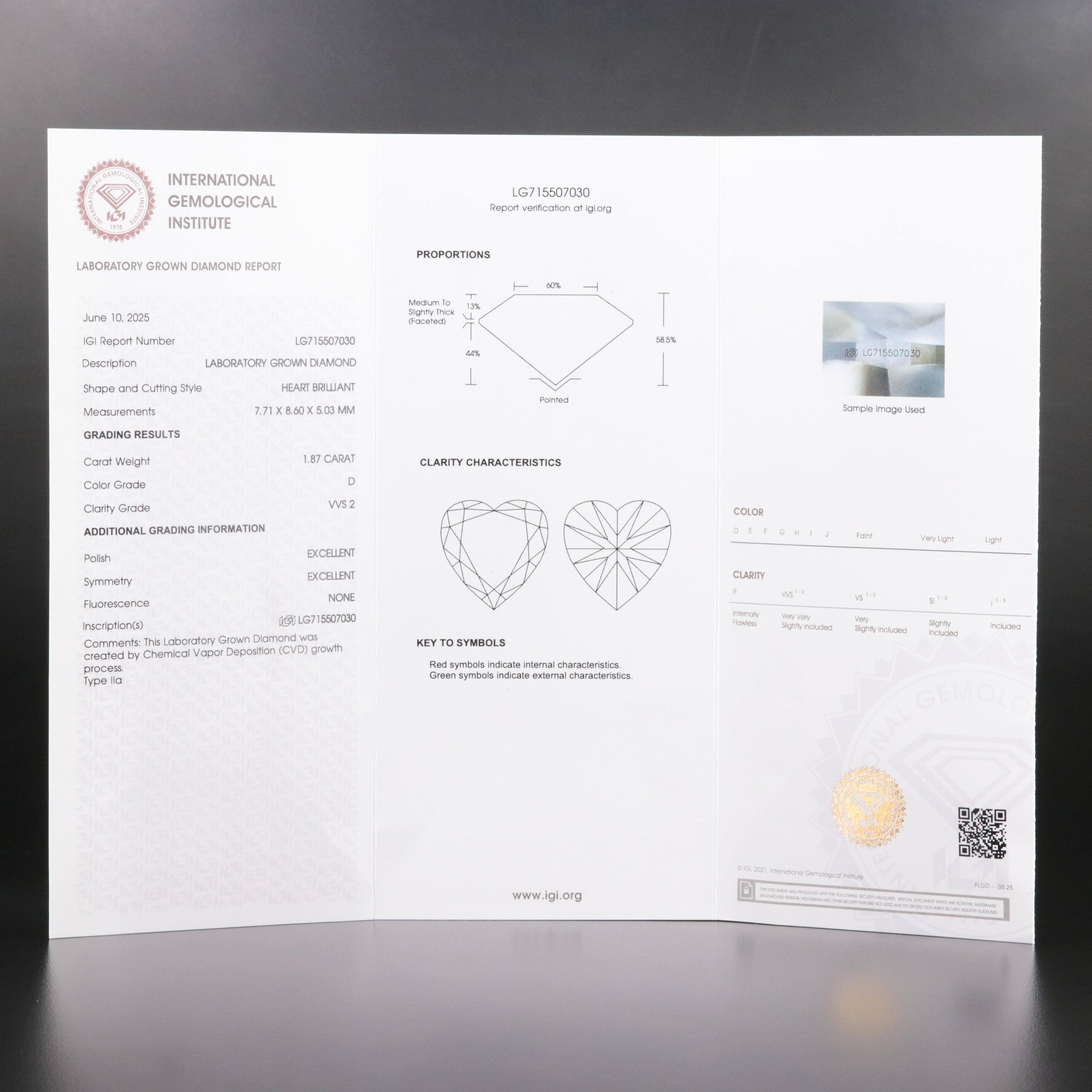 Loose 1.87 CT Lab Grown Diamond with IGI Reports