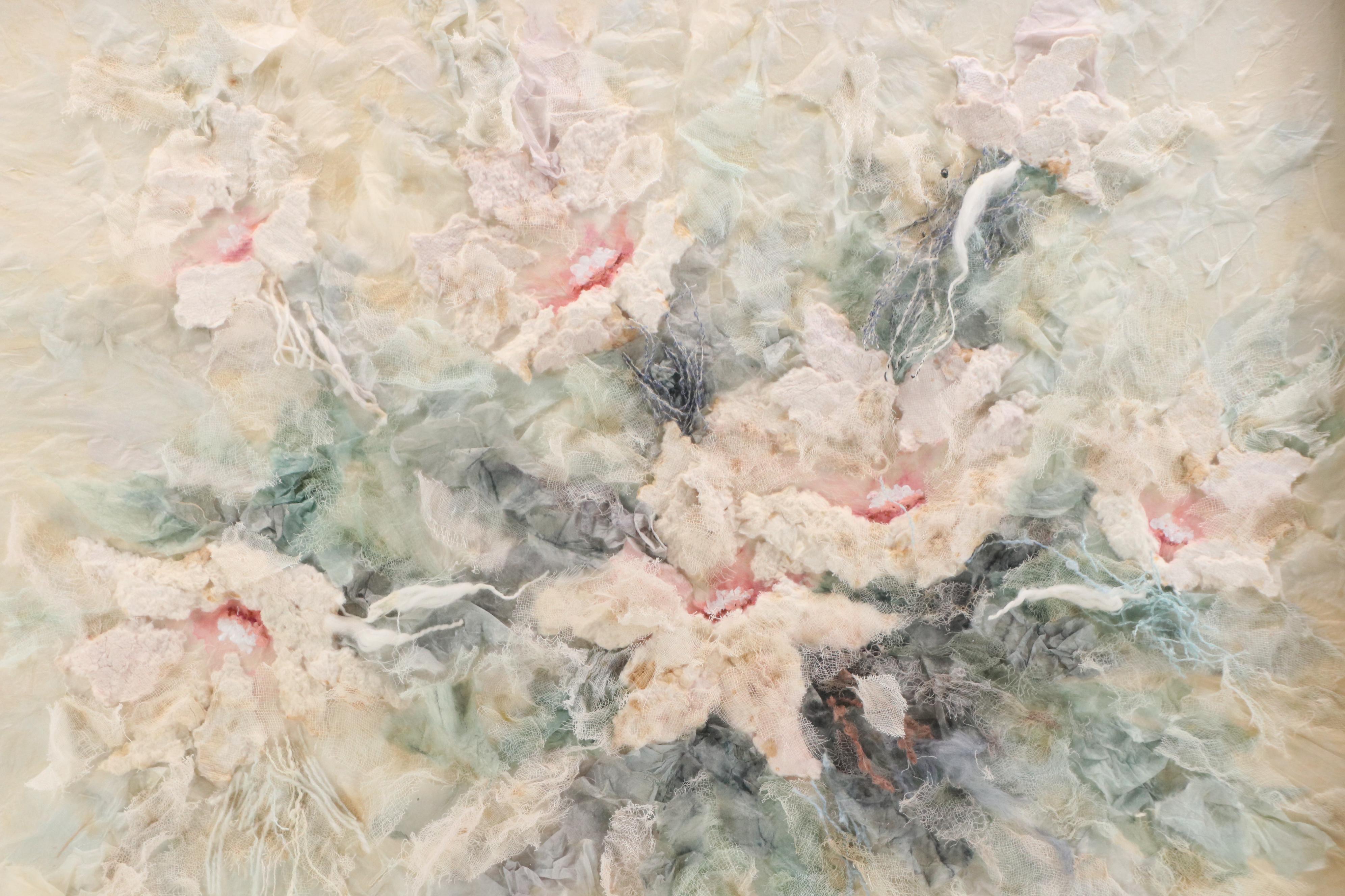 Marcus R. Tucker Mixed Media Textile Art of White Flowers, 20th Century