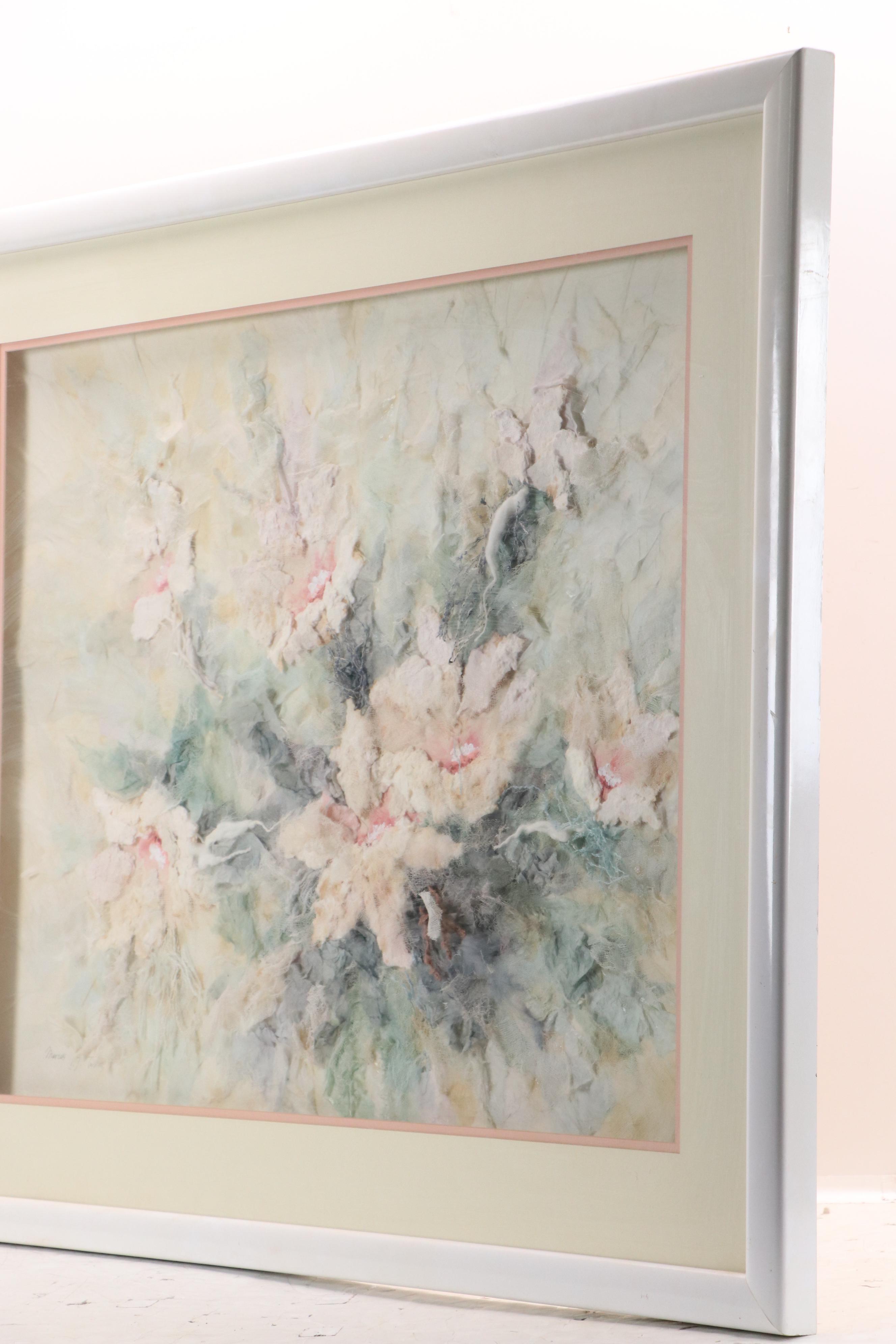 Marcus R. Tucker Mixed Media Textile Art of White Flowers, 20th Century