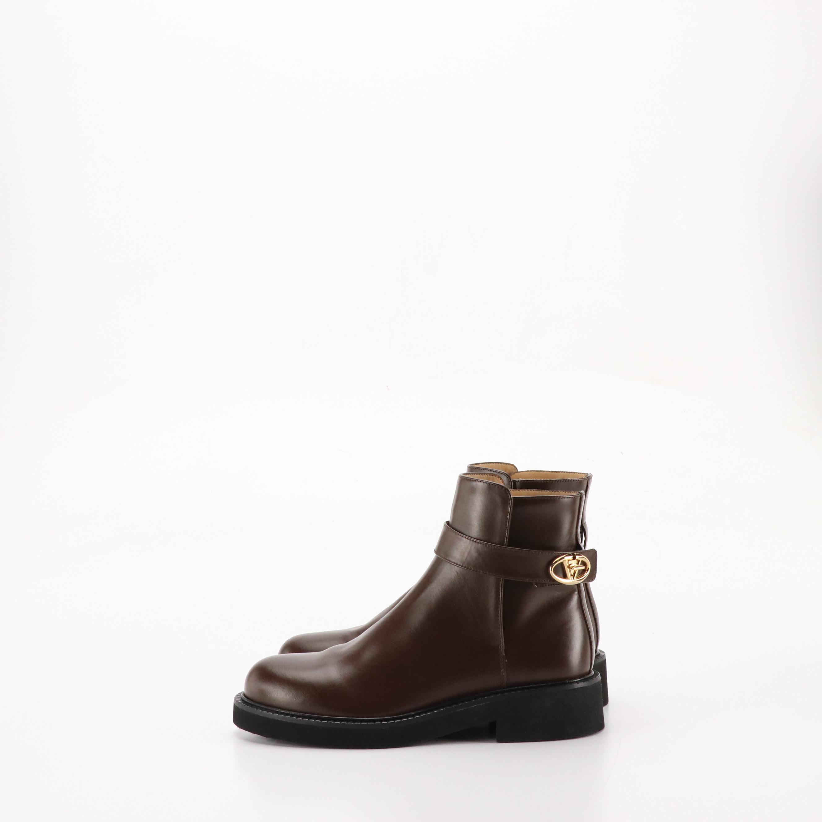 Valentino Garvani VLogo Locker Ankle Booties in Dark Brown Leather, with Box