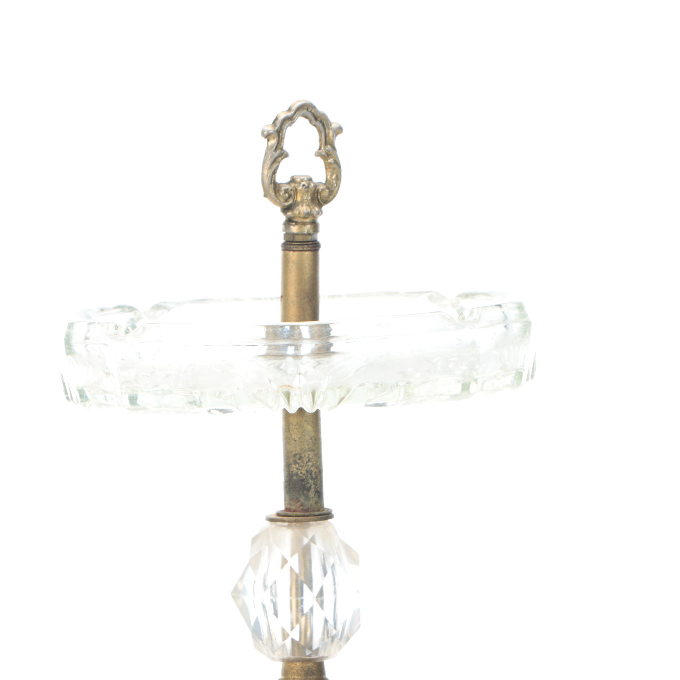 Victorian Style Pedestal Glass Ashtray on Brass and Marble Base