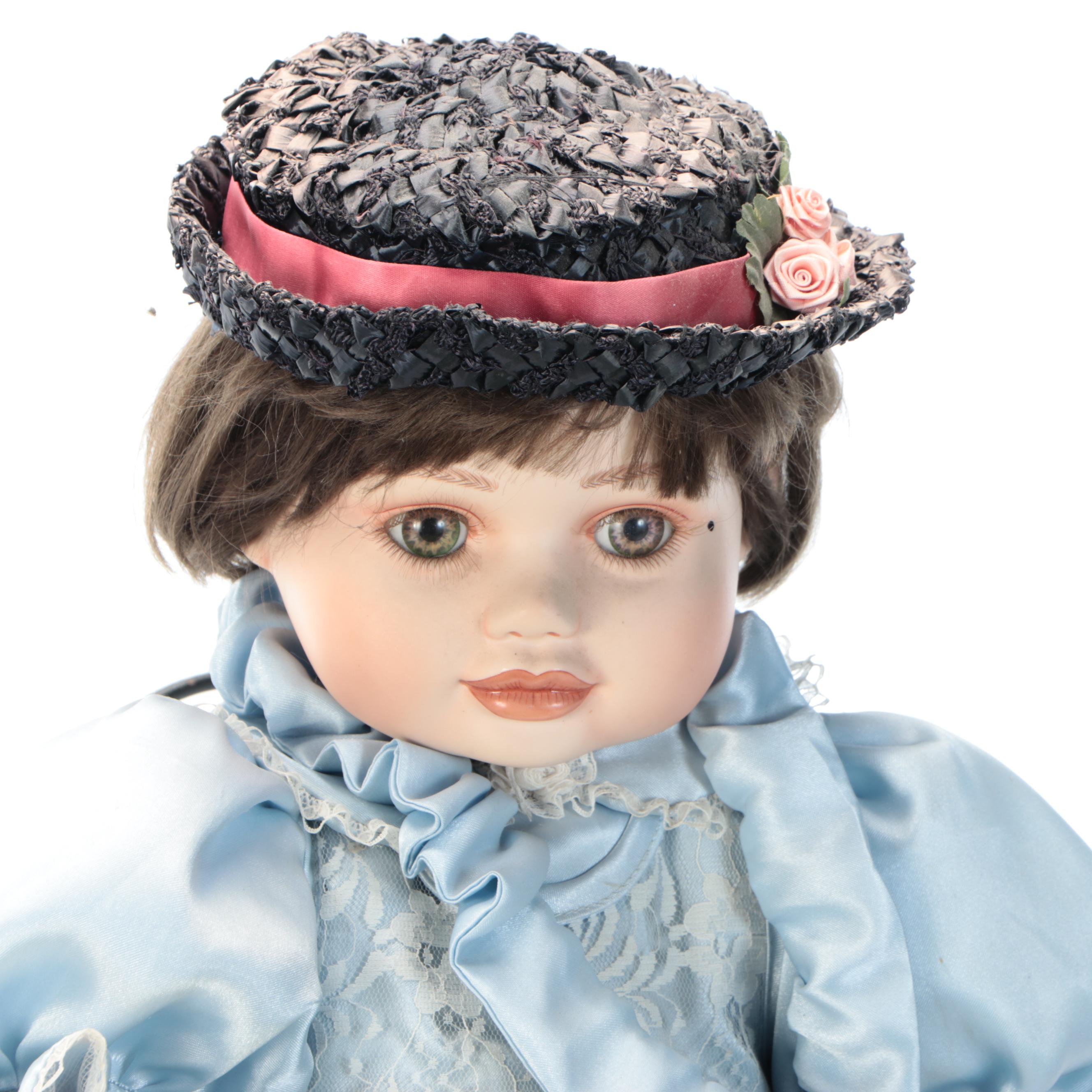 Marie Osmond Porcelain Doll with Miniature Metal Table Set and Crocheted Doily