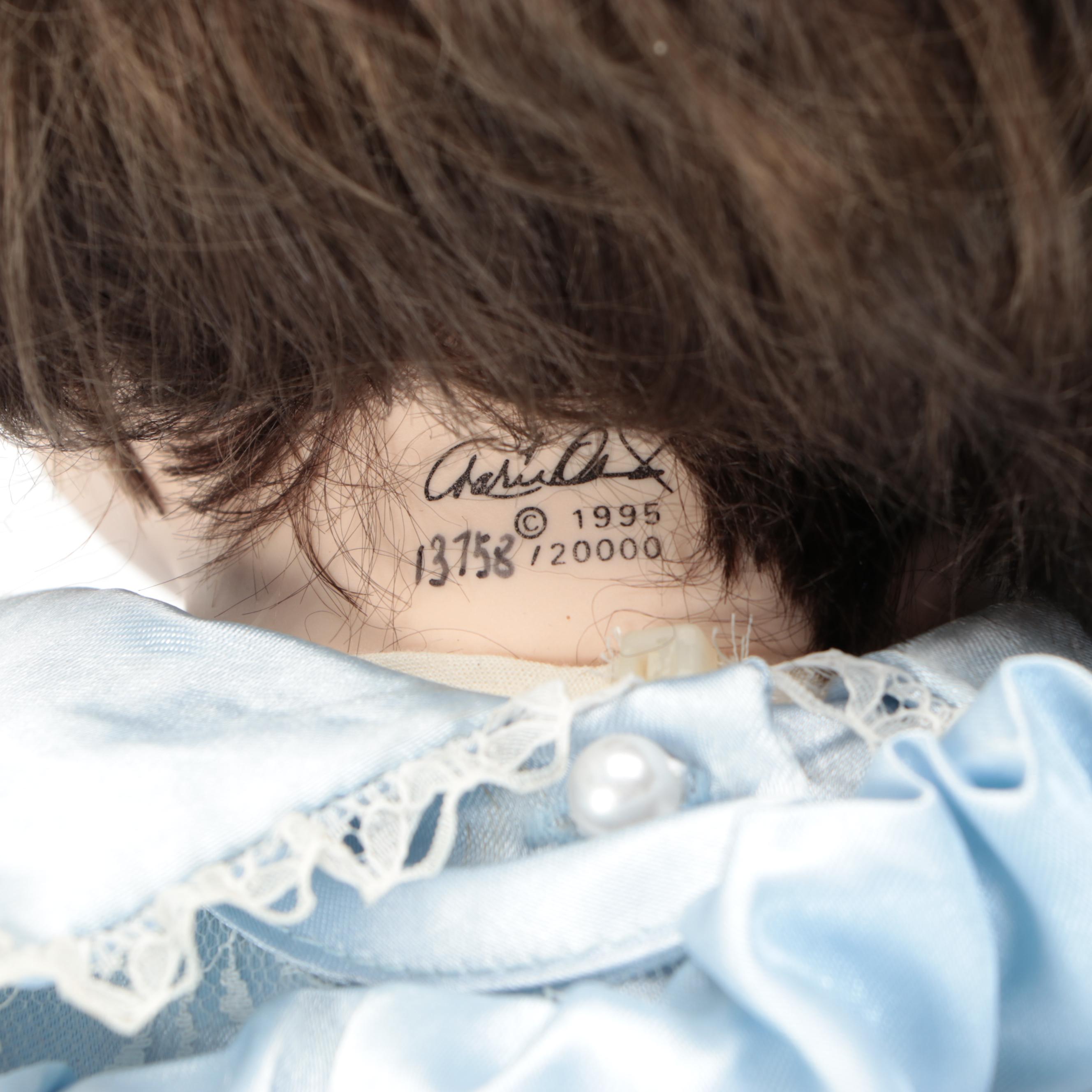 Marie Osmond Porcelain Doll with Miniature Metal Table Set and Crocheted Doily