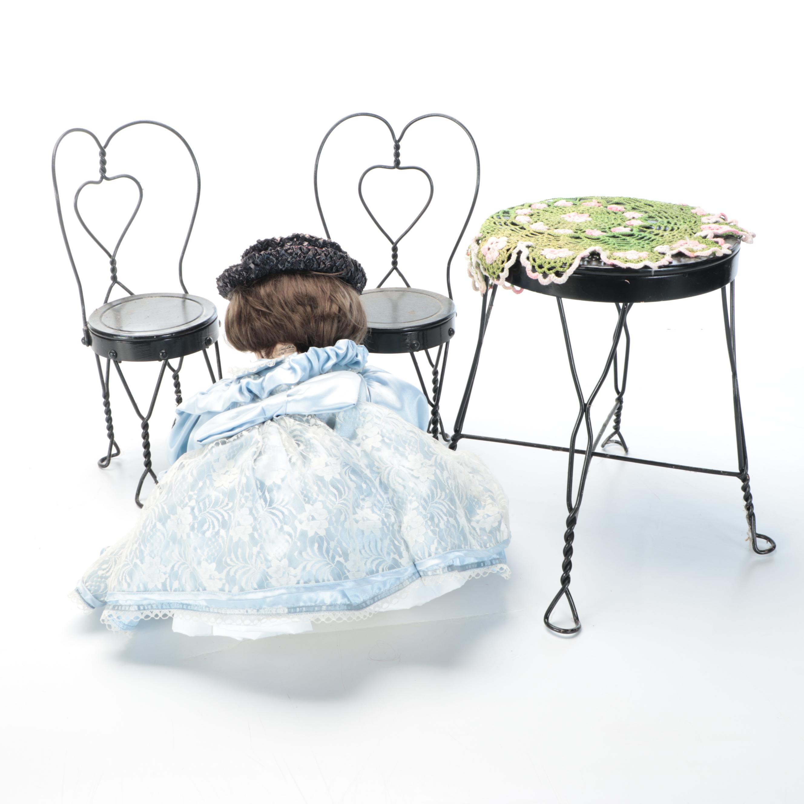 Marie Osmond Porcelain Doll with Miniature Metal Table Set and Crocheted Doily