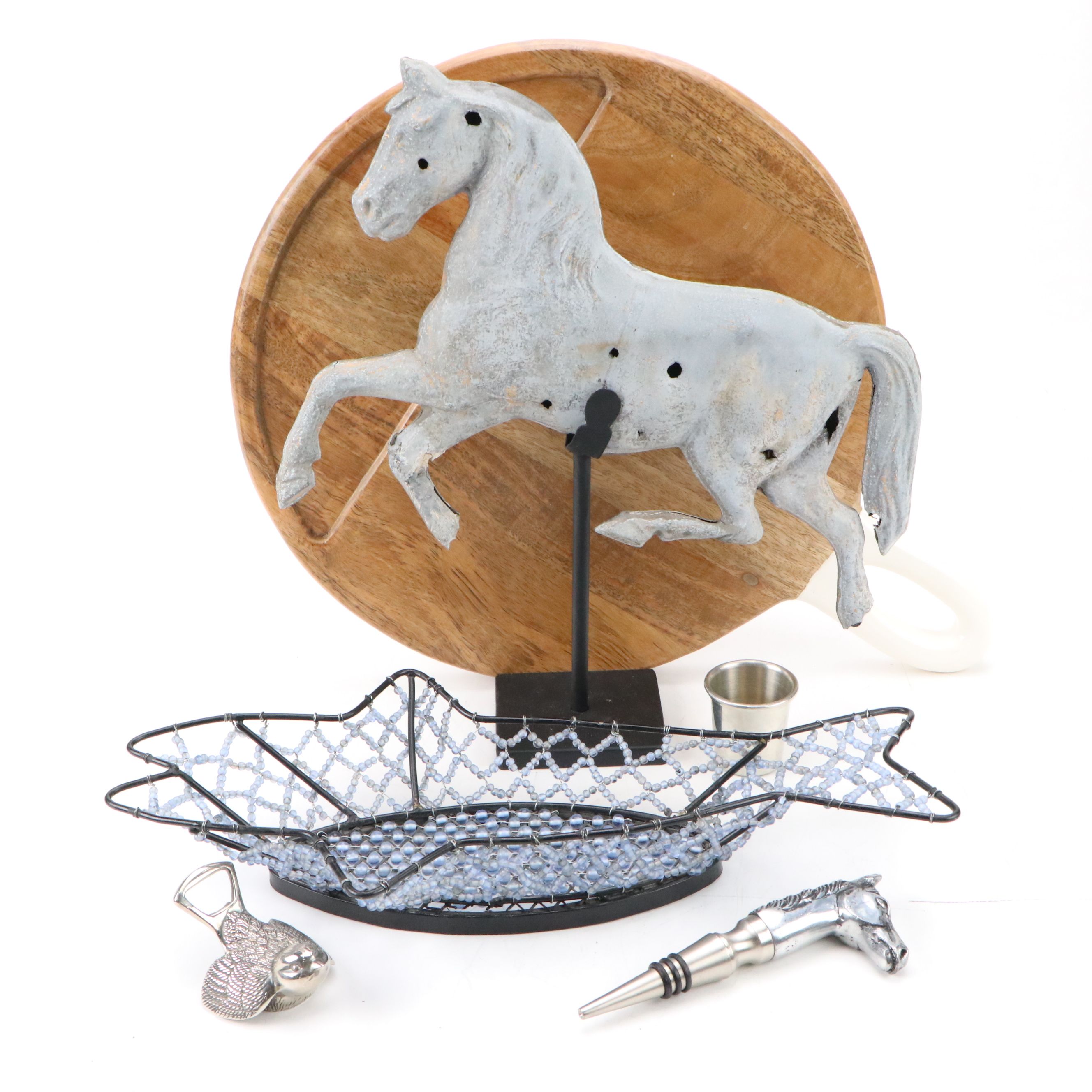 Metal Horse Weather Vane Remnant with Wood Serving Board and Other Bar Tools