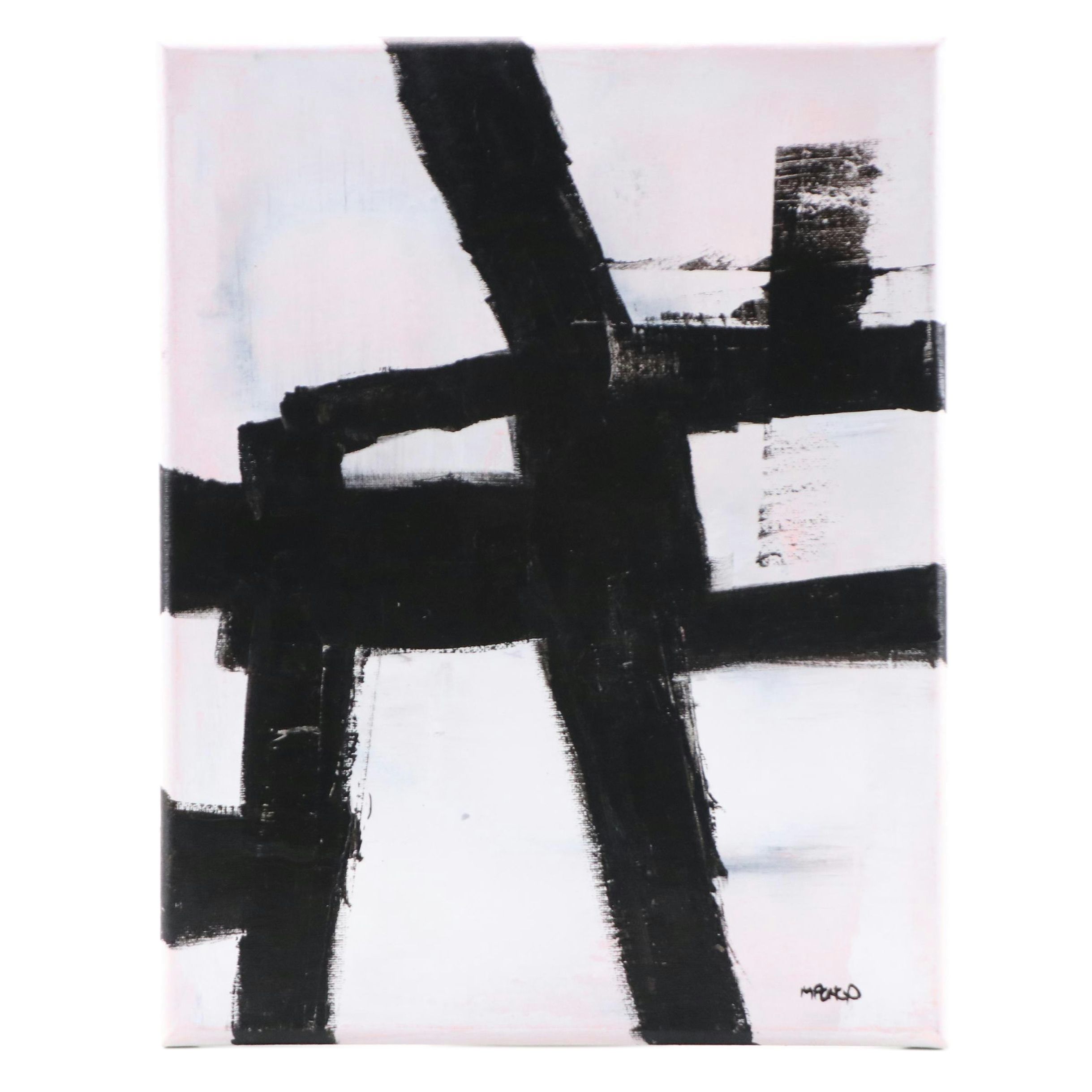 Milagros Pongo Mixed Media Painting "Minimalist Black & White," 21st Century