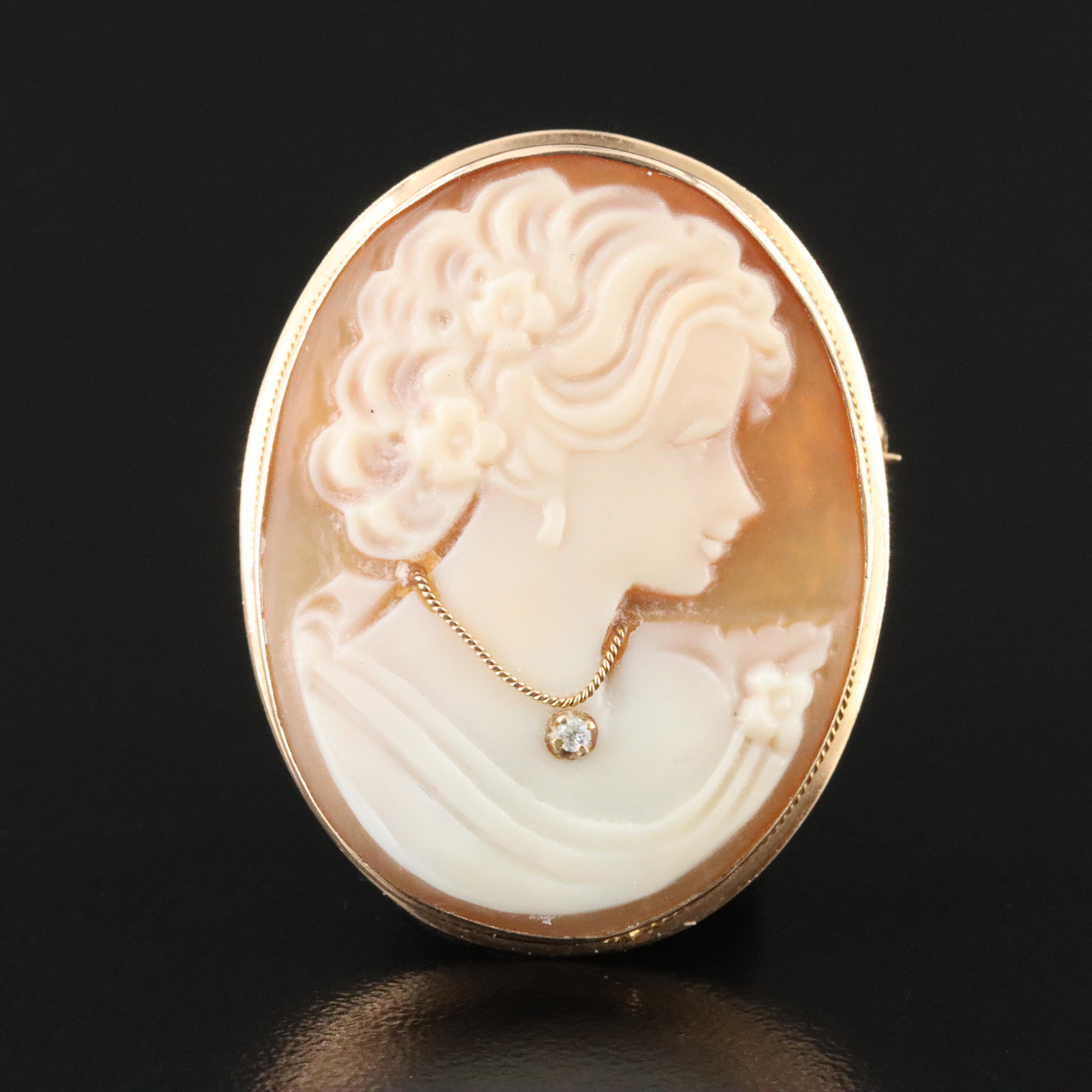 Italian 14K Shell Cameo Habillé Converter Brooch with Diamond Accent