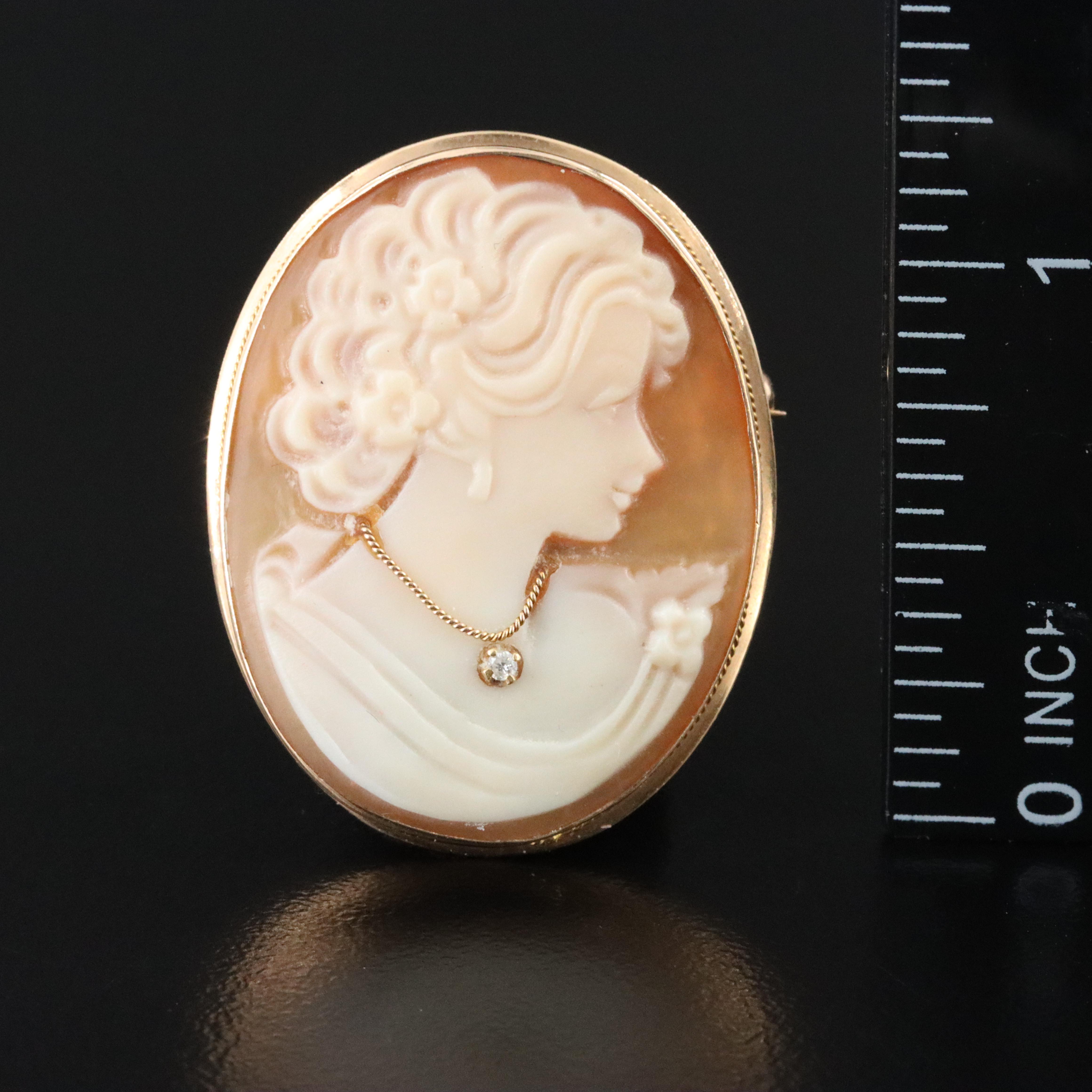 Italian 14K Shell Cameo Habillé Converter Brooch with Diamond Accent