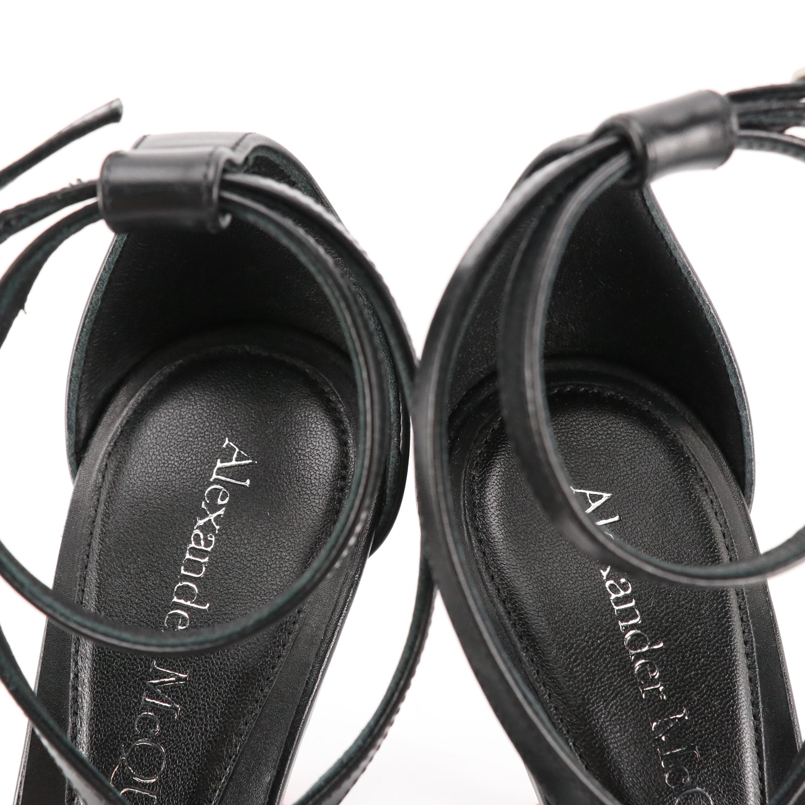 Alexander McQueen Harness Heeled Leather Sandals in 'Black/Lust Red', With Box