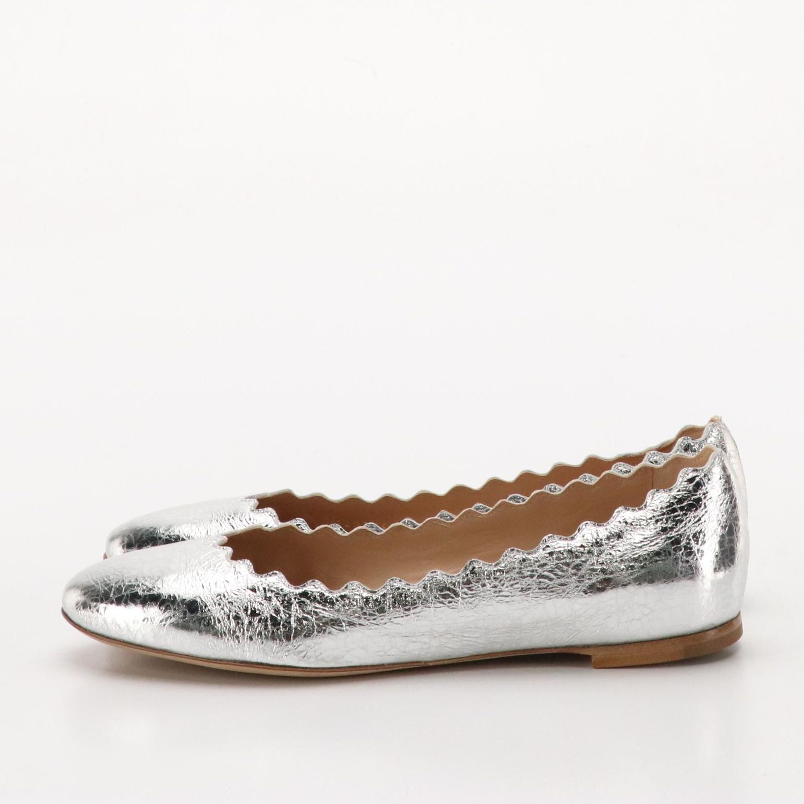 Chloé "Lauren" Ballerina Flats in Silver Metallic Leather, With Box