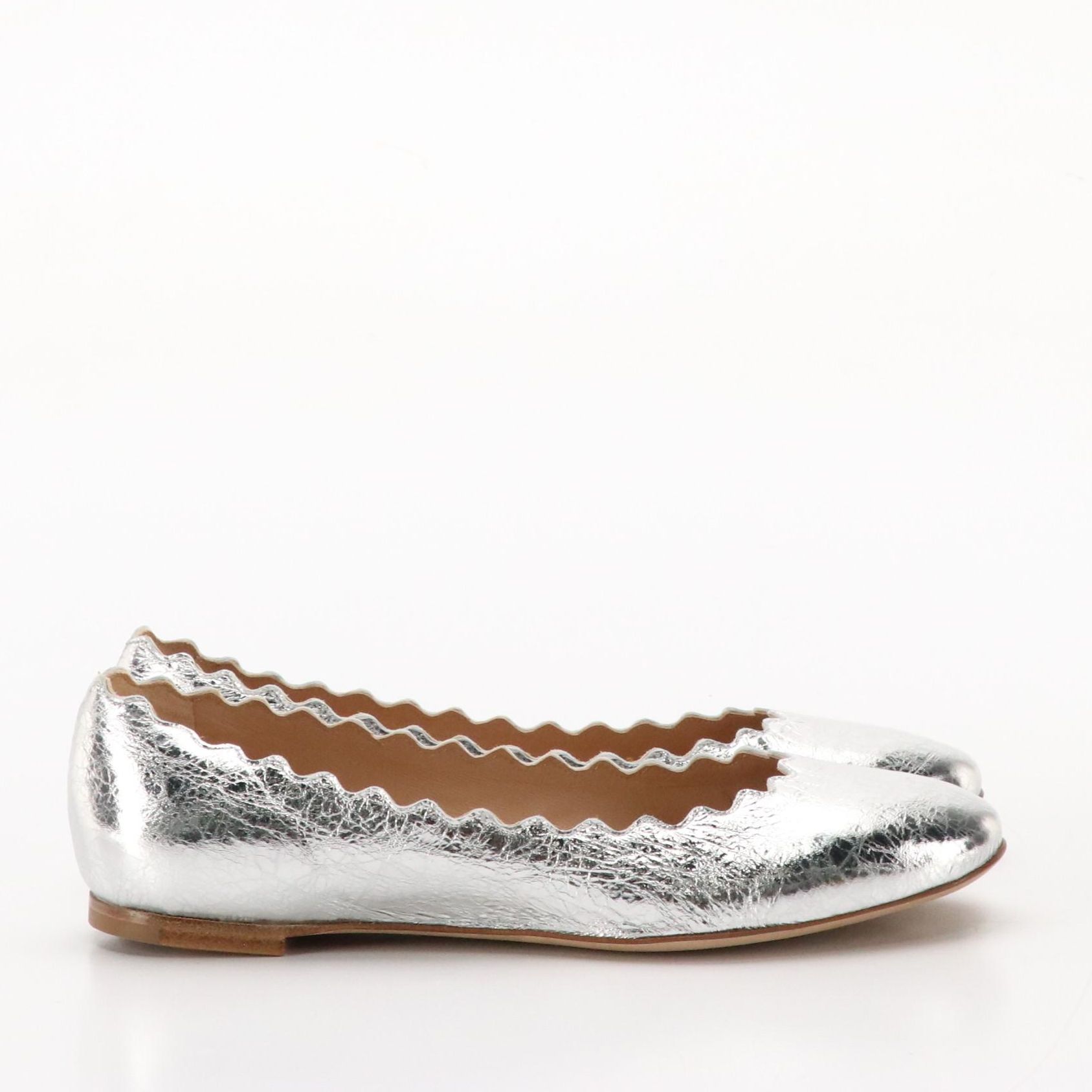 Chloé "Lauren" Ballerina Flats in Silver Metallic Leather, With Box