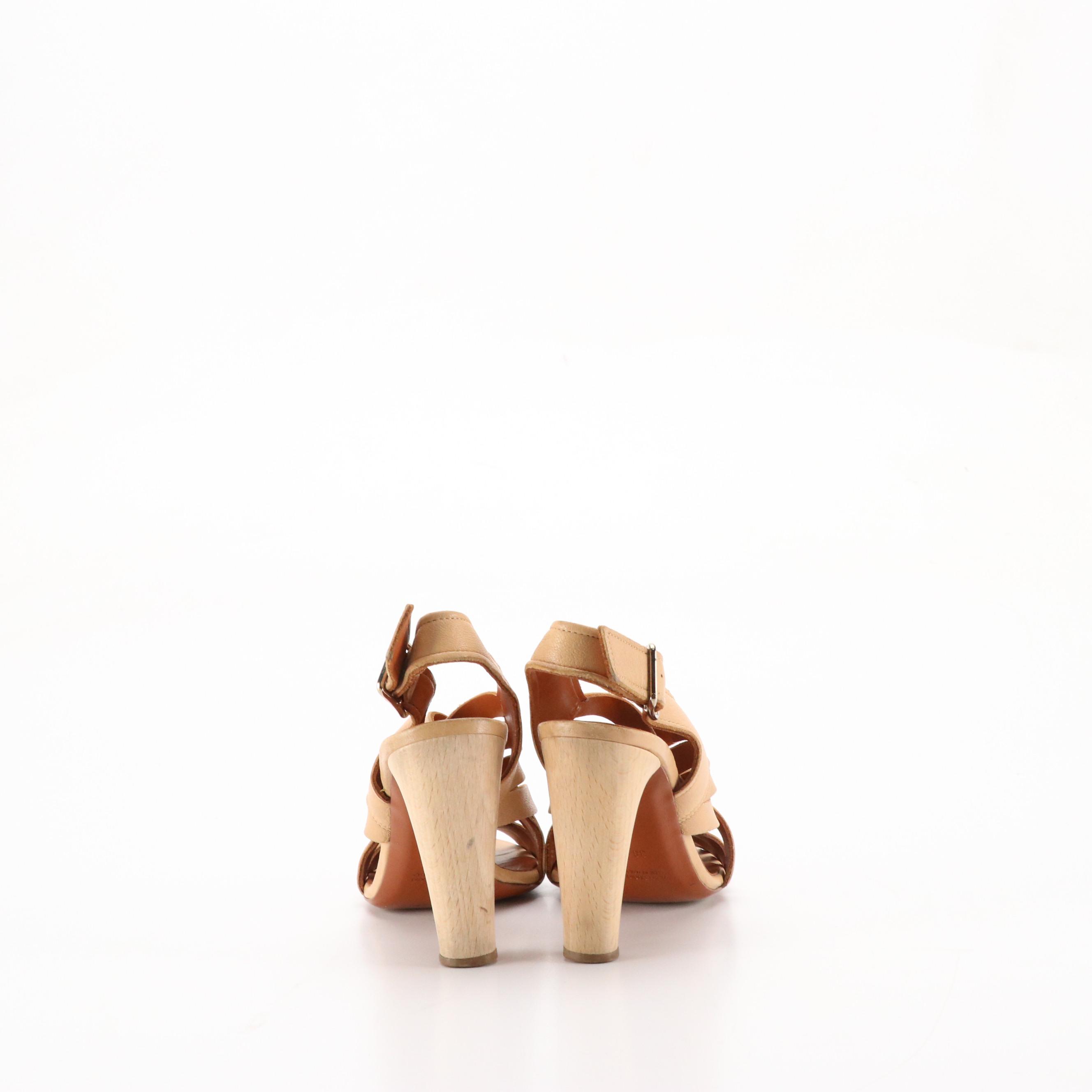 Lanvin Tan Leather Strappy Open-Toed Wooded Heels