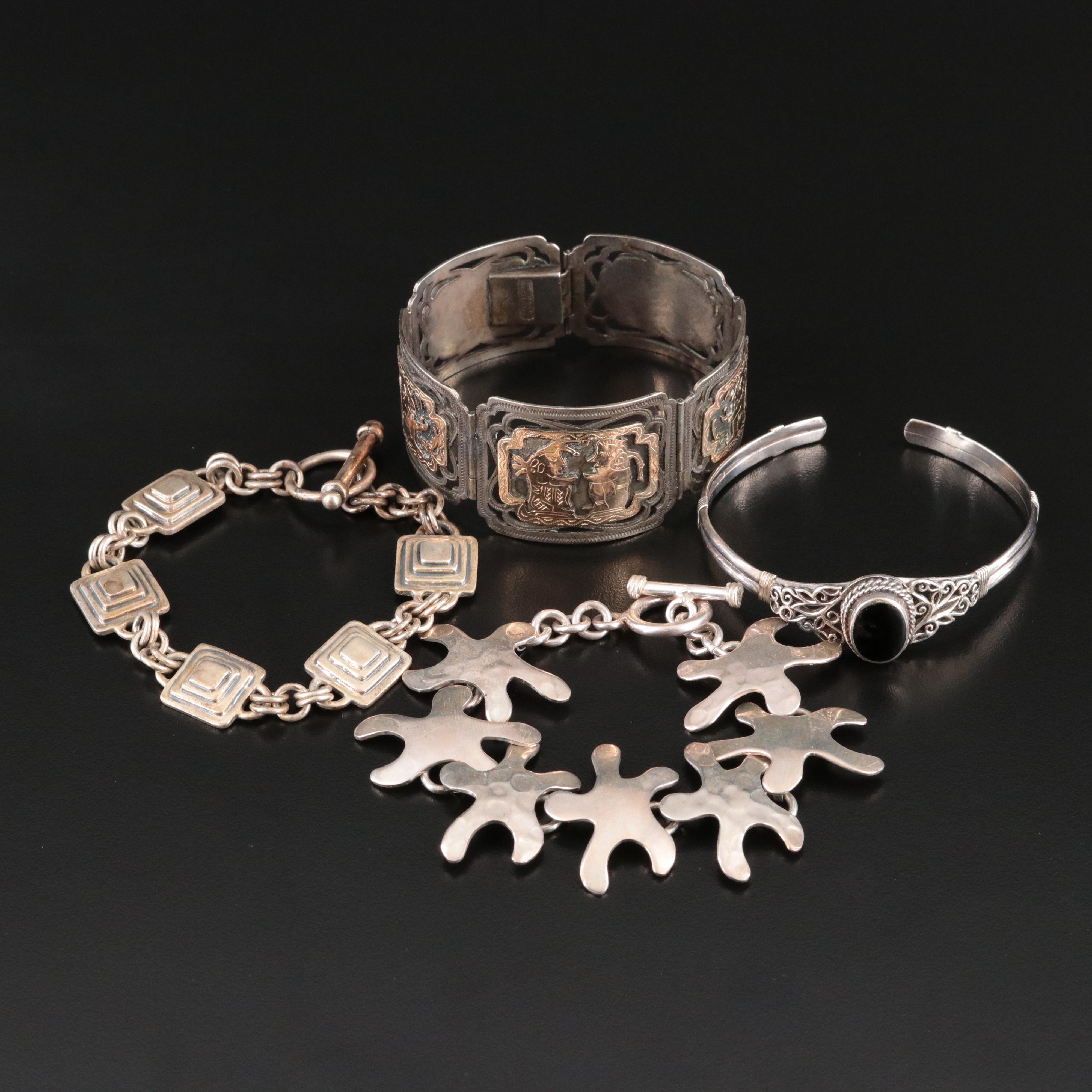 Sterling Bracelets Including Mesoamerican Style and Black Onyx