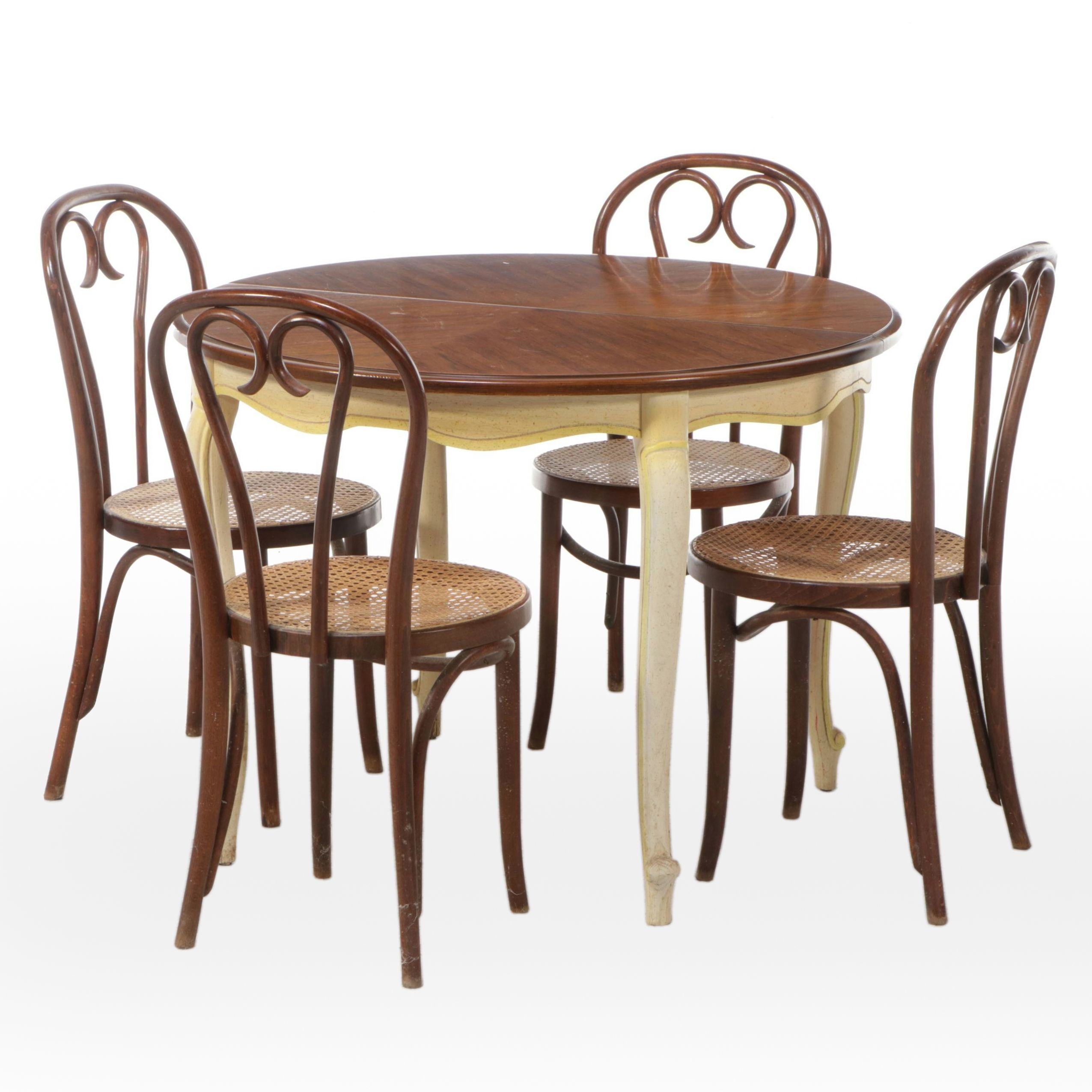 French Provincial Parcel Painted Table with Hand-Caned Bentwood Chairs