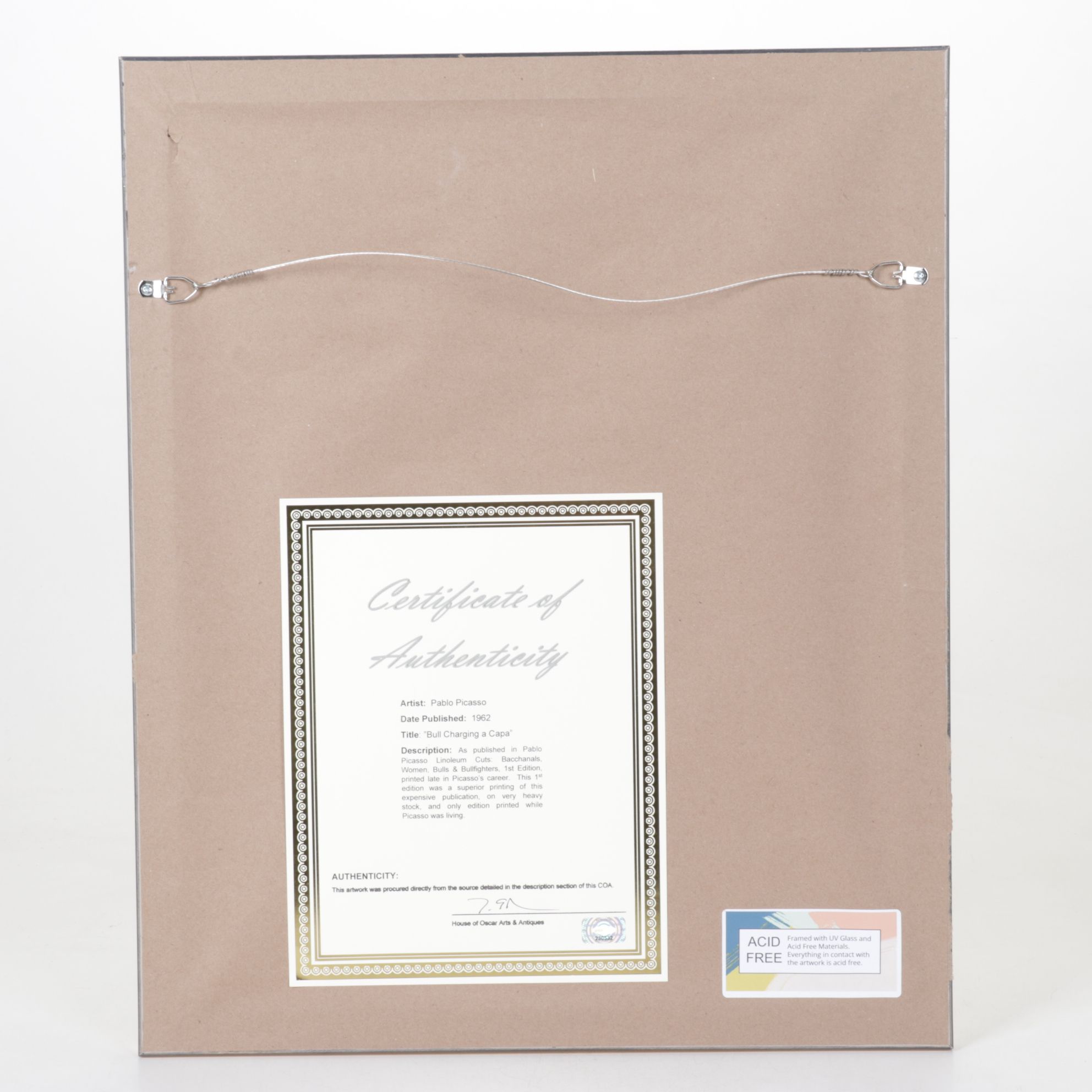 Pablo Picasso Linoleum Cut "Bull Charging a Capa," 1962