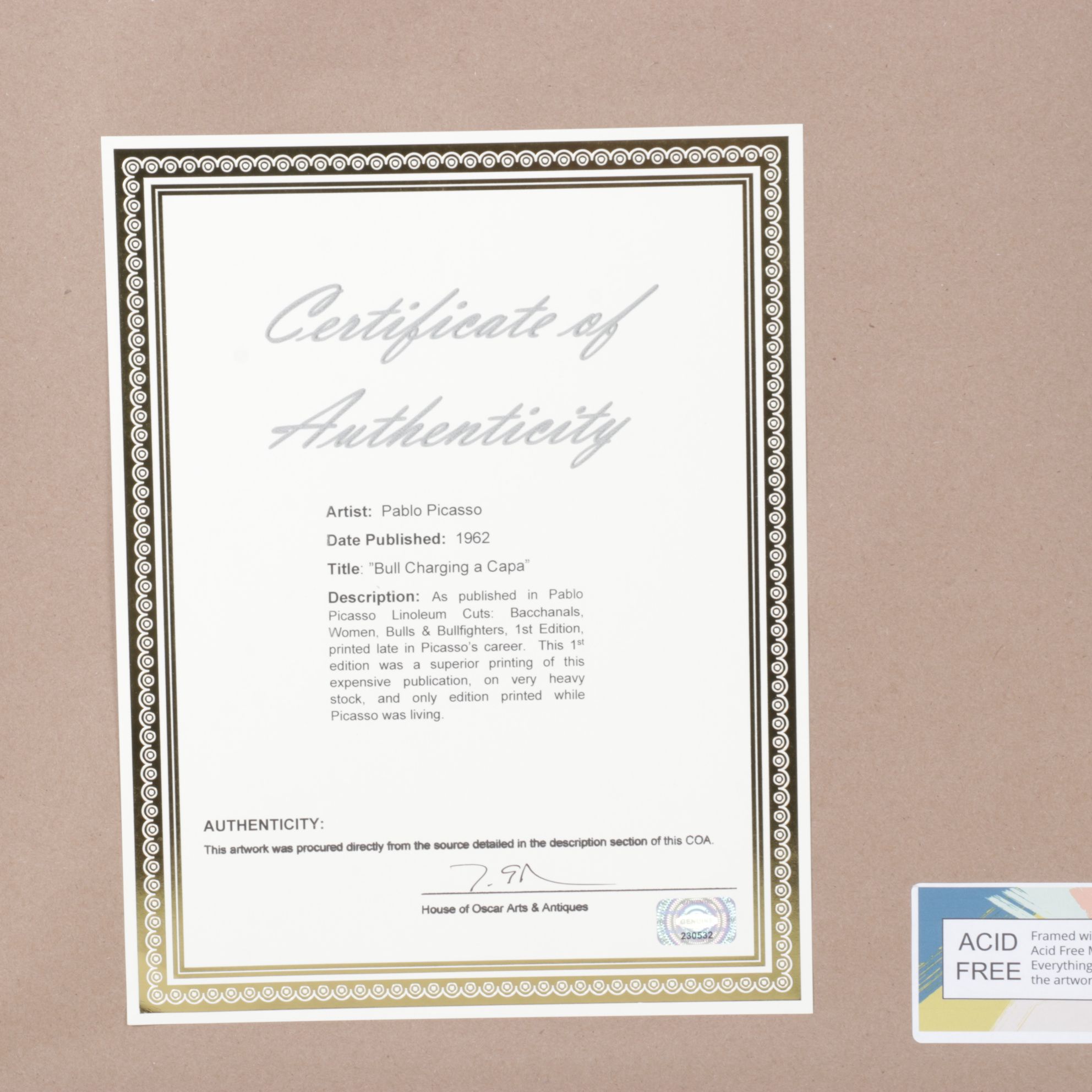 Pablo Picasso Linoleum Cut "Bull Charging a Capa," 1962