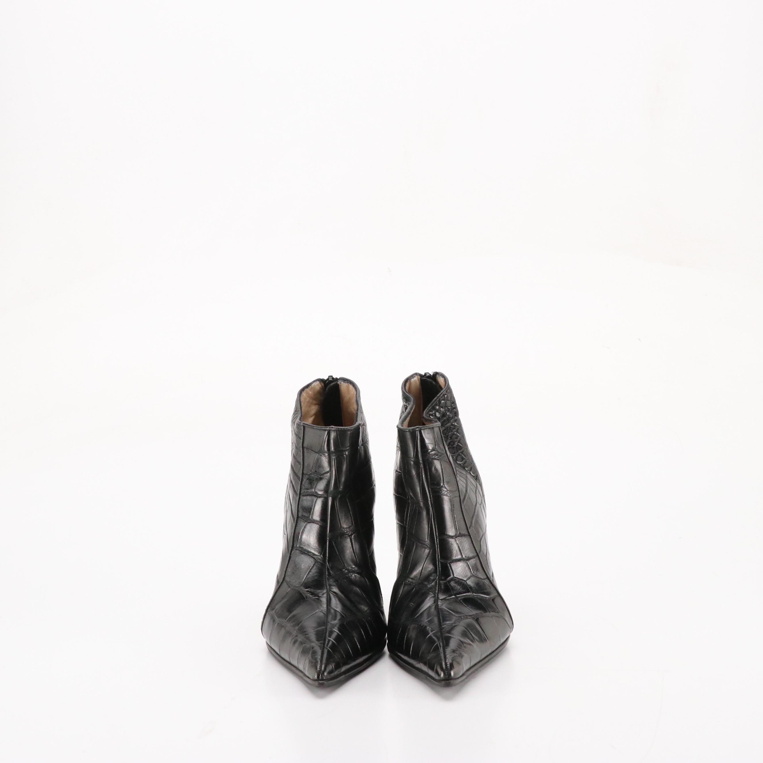 Manolo Blahnik Pointed-Toe Ankle Booties in Black Croc Embossed Leather