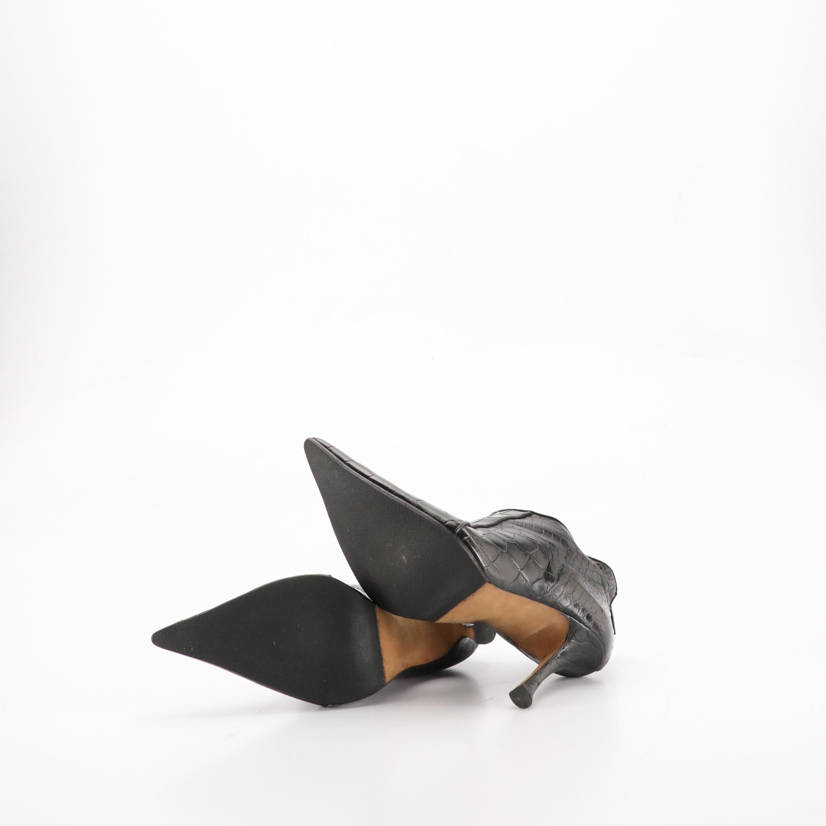 Manolo Blahnik Pointed-Toe Ankle Booties in Black Croc Embossed Leather