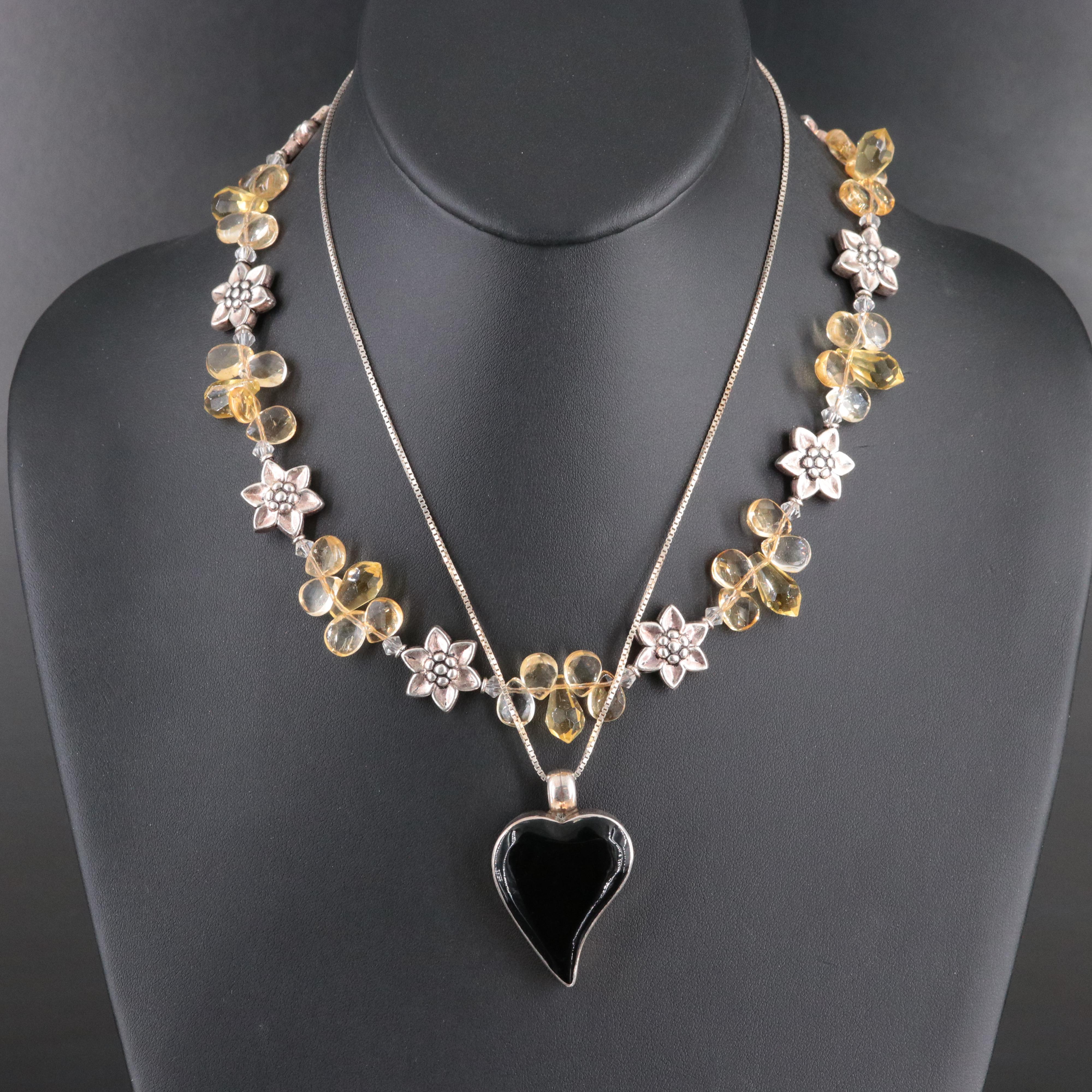 Sterling Floral and Mexican Pendant Necklaces with Citrine