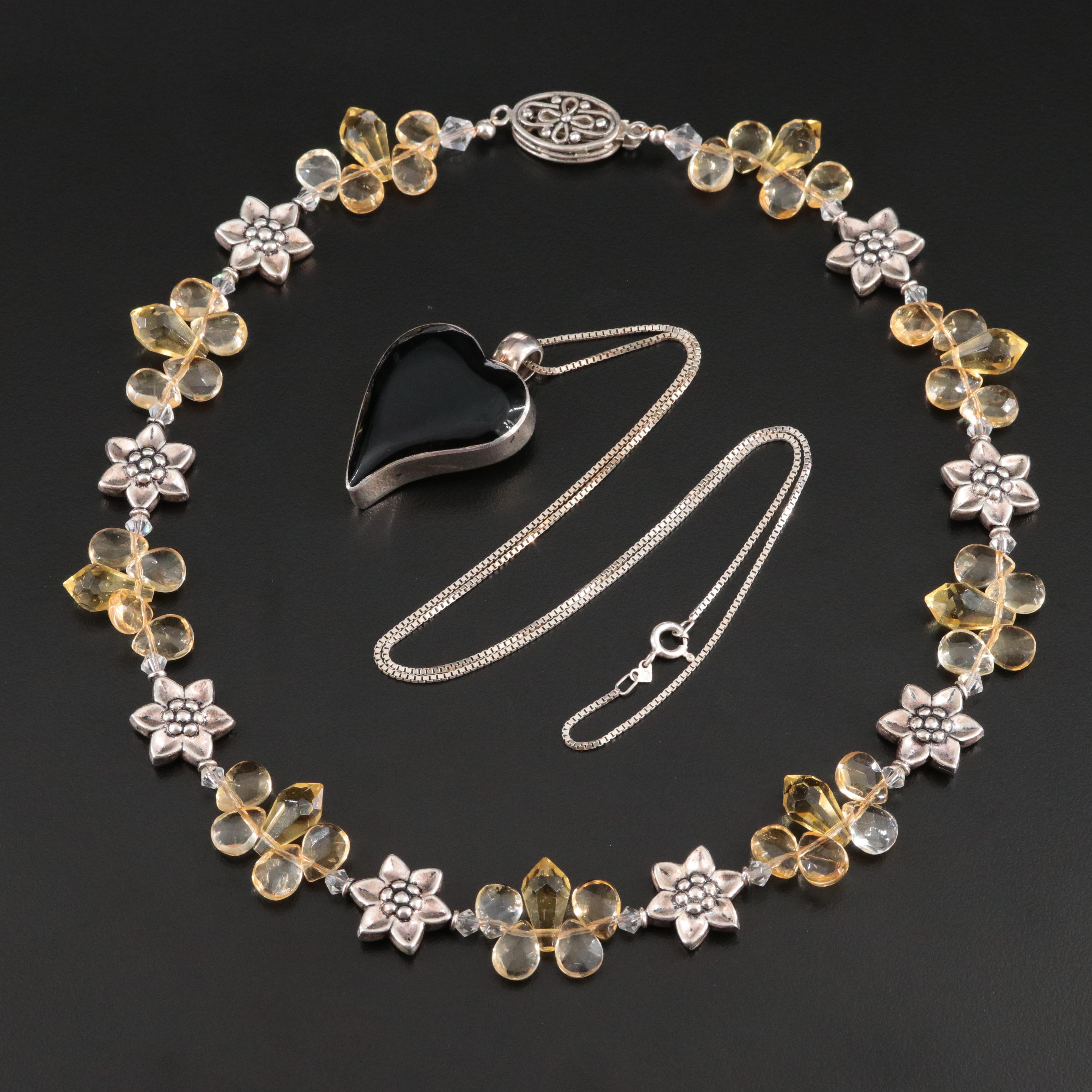 Sterling Floral and Mexican Pendant Necklaces with Citrine
