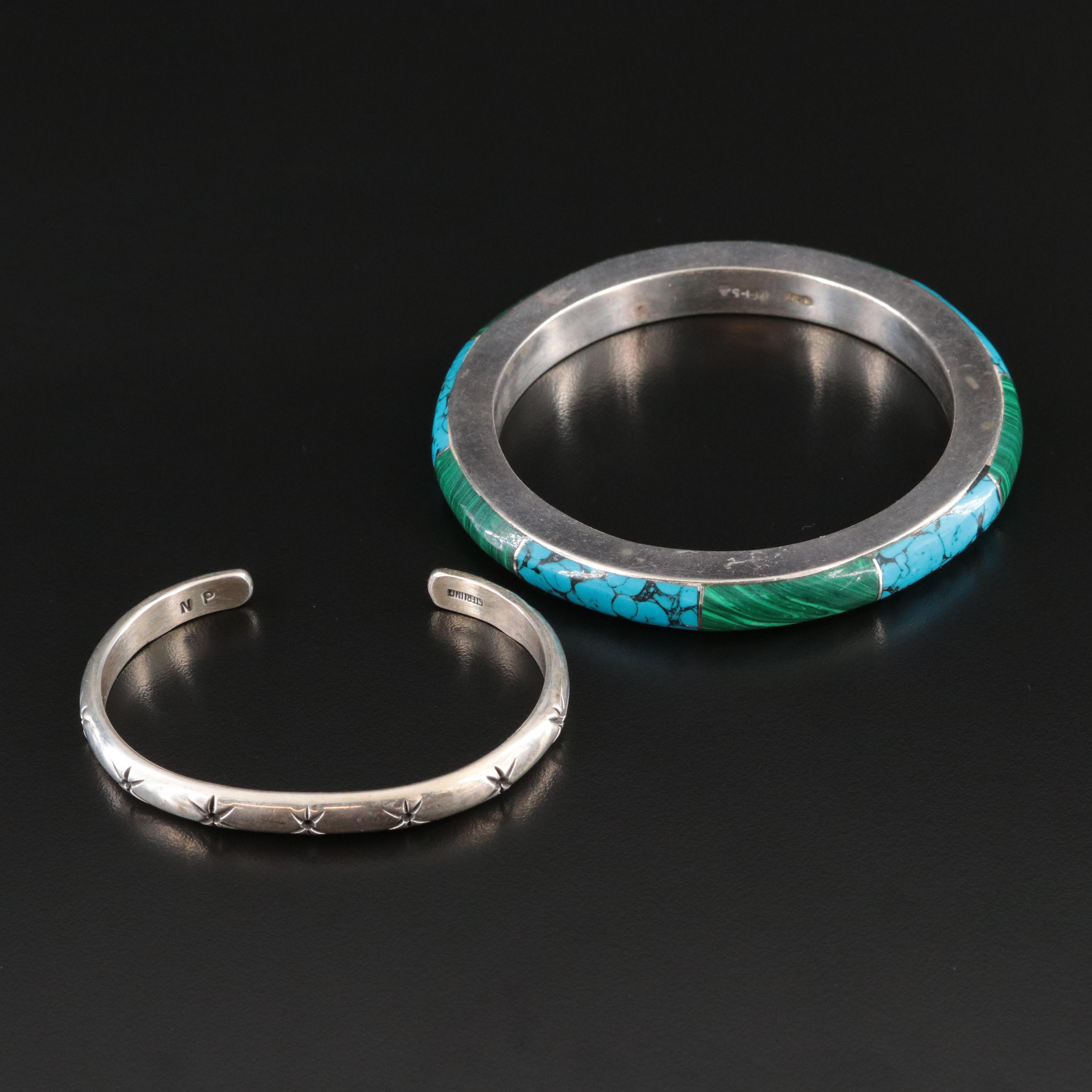 Mexican Sterling Turquoise and Malachite Bangle and Stamped Cuff Bracelet