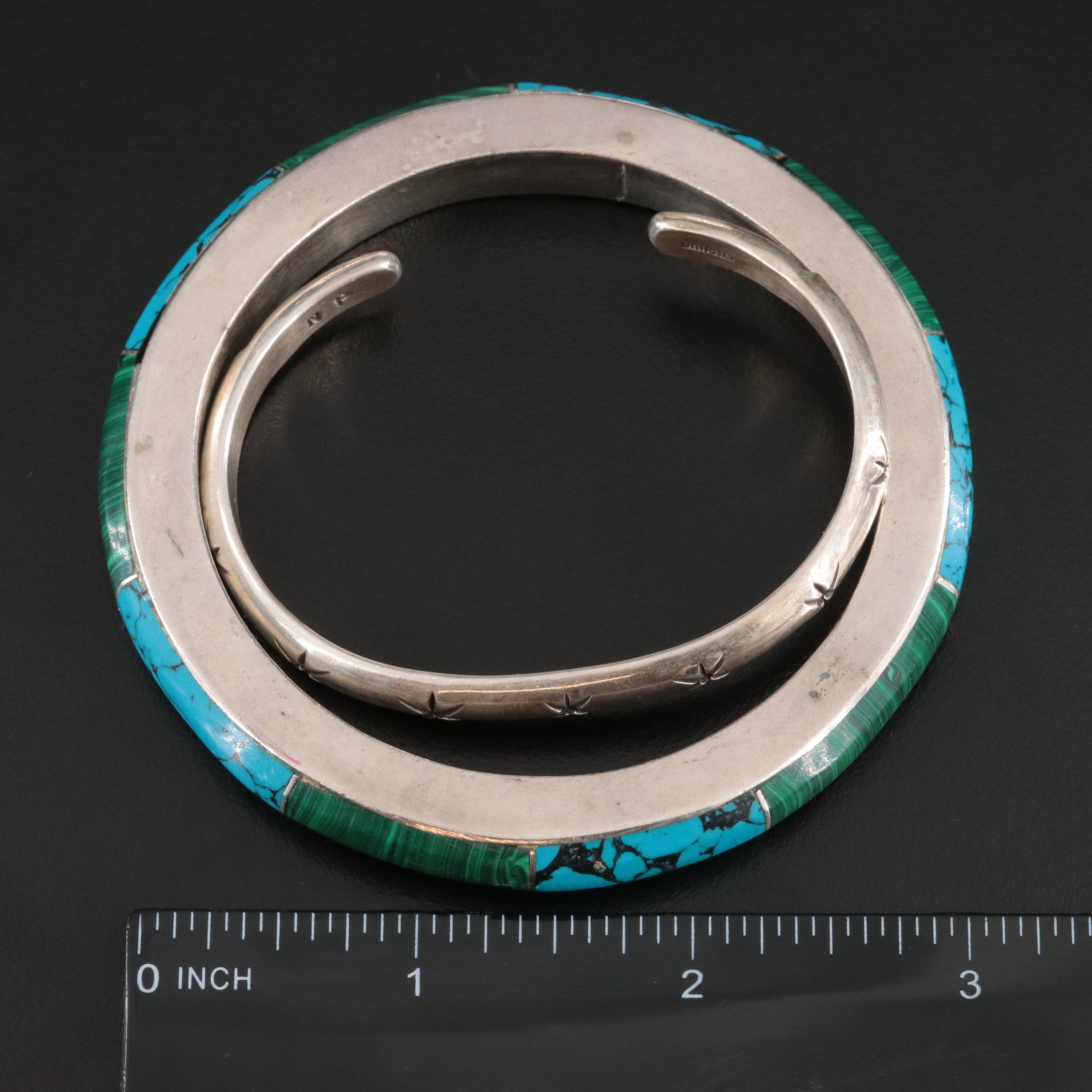 Mexican Sterling Turquoise and Malachite Bangle and Stamped Cuff Bracelet