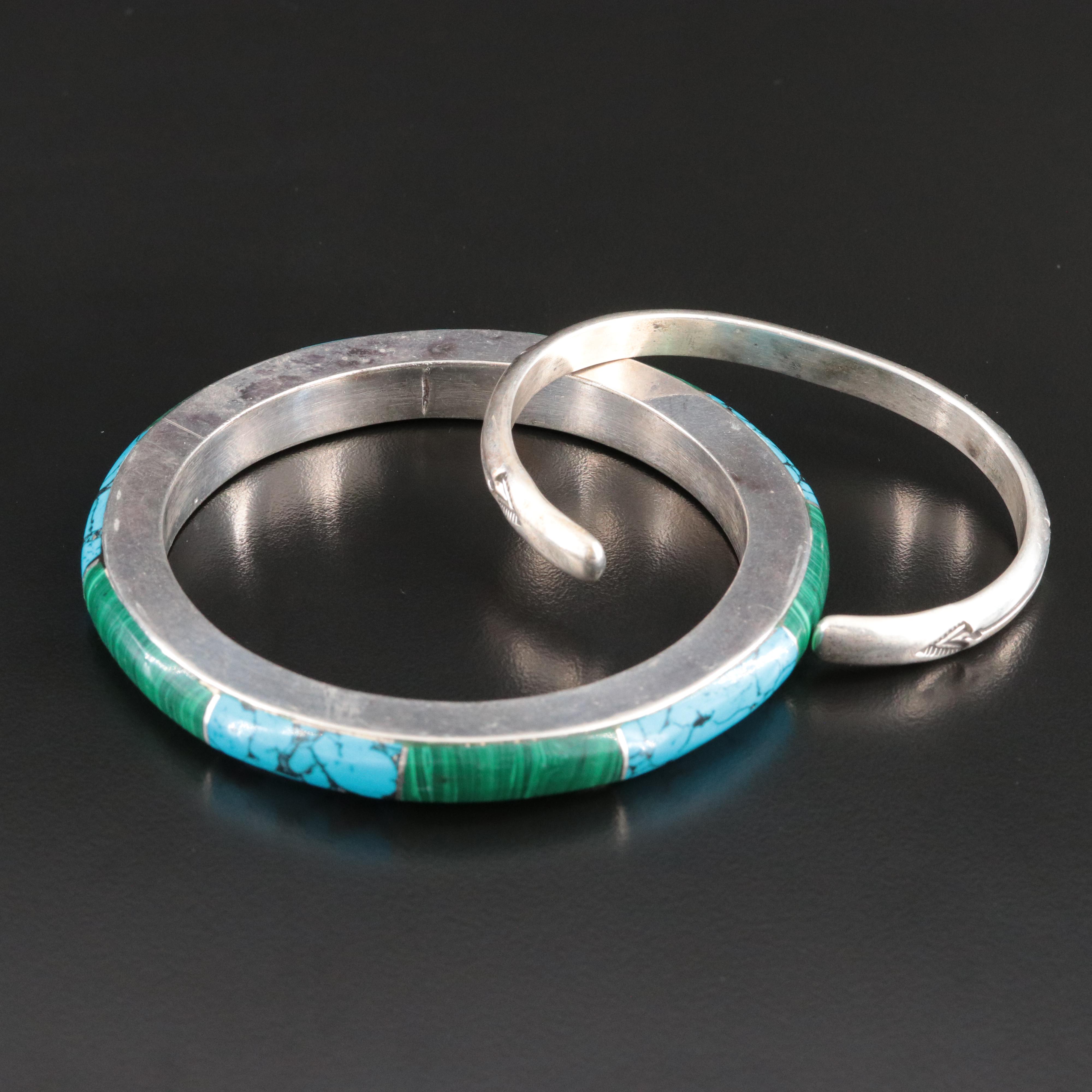Mexican Sterling Turquoise and Malachite Bangle and Stamped Cuff Bracelet
