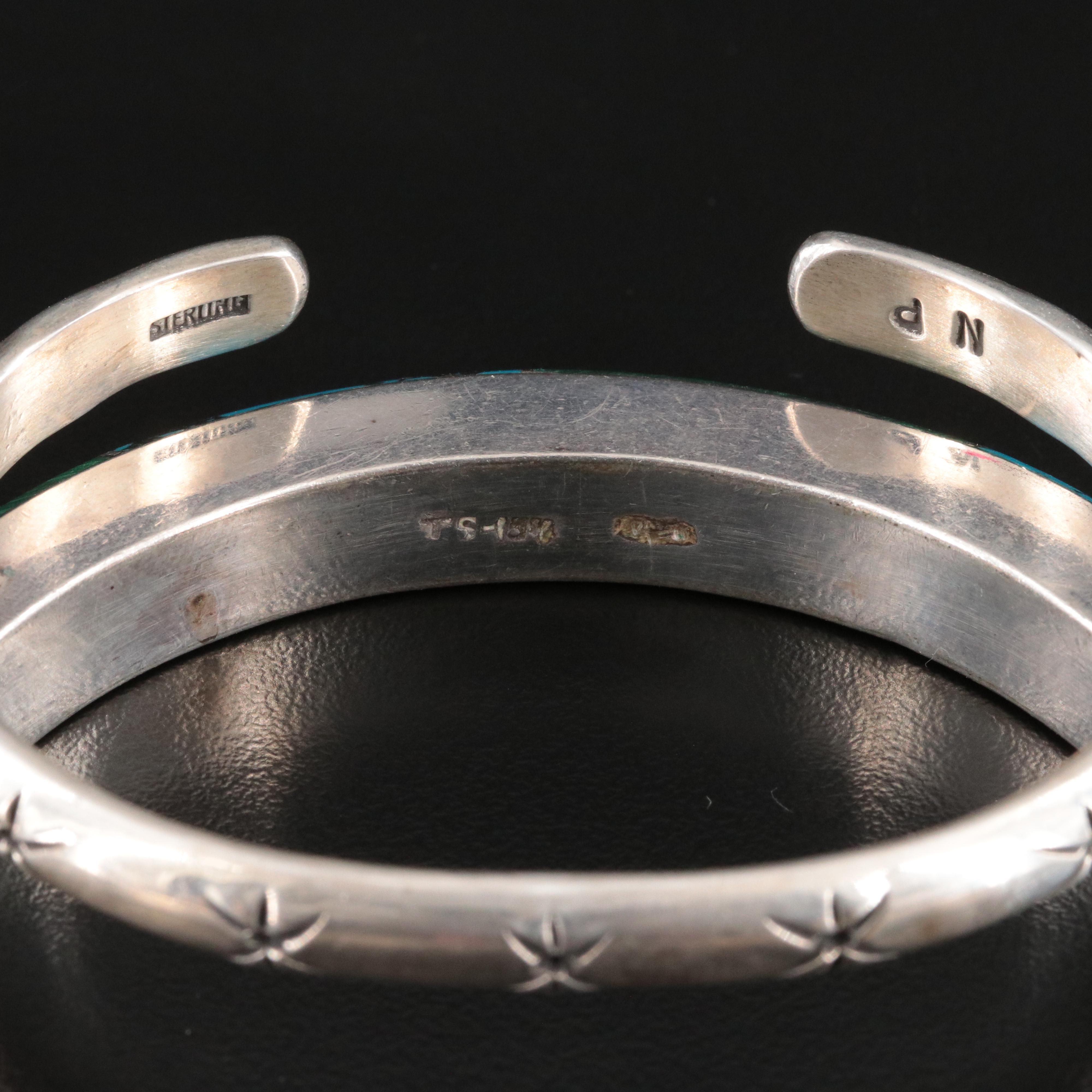 Mexican Sterling Turquoise and Malachite Bangle and Stamped Cuff Bracelet