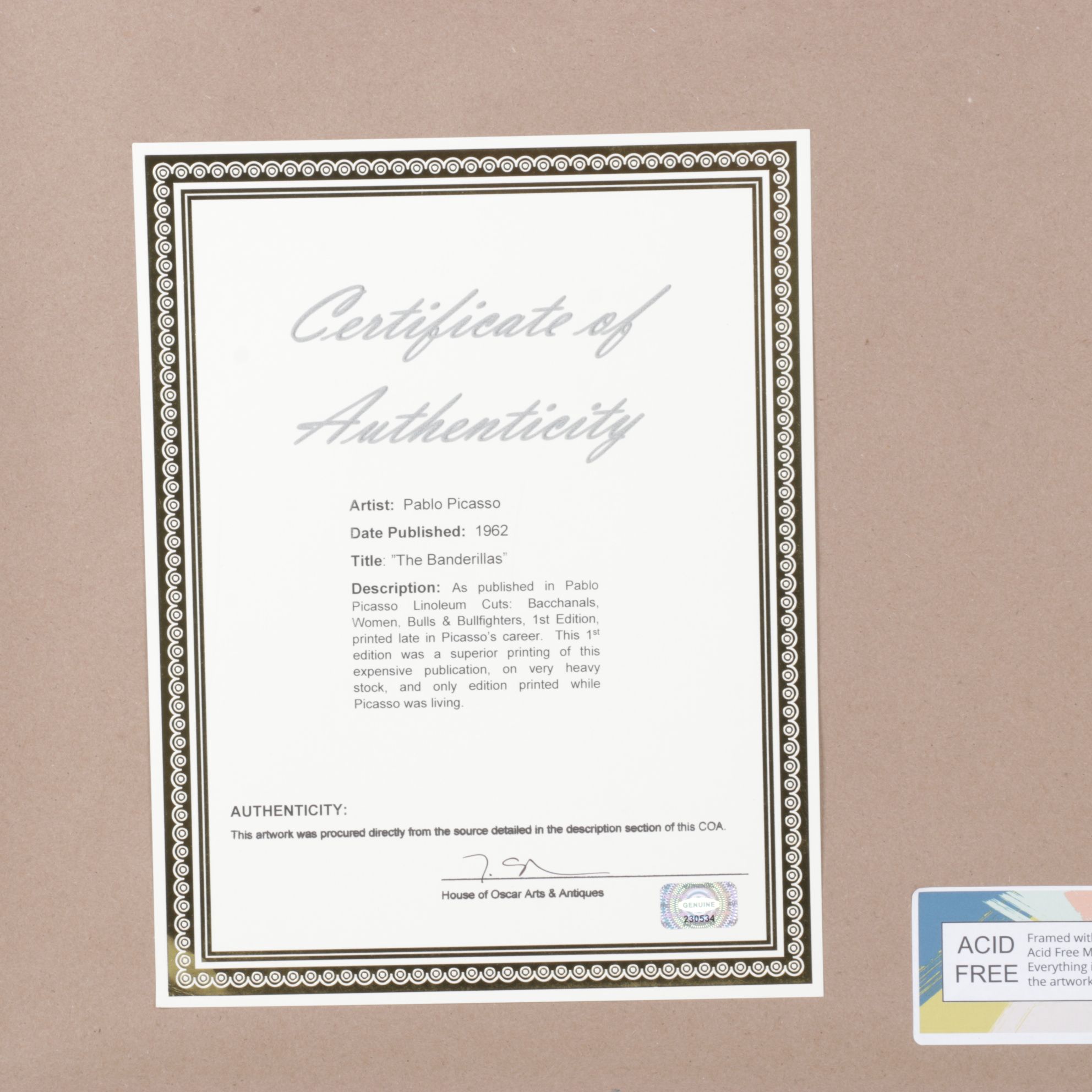 Pablo Picasso Linoleum Cut "The Banderillas," 1962