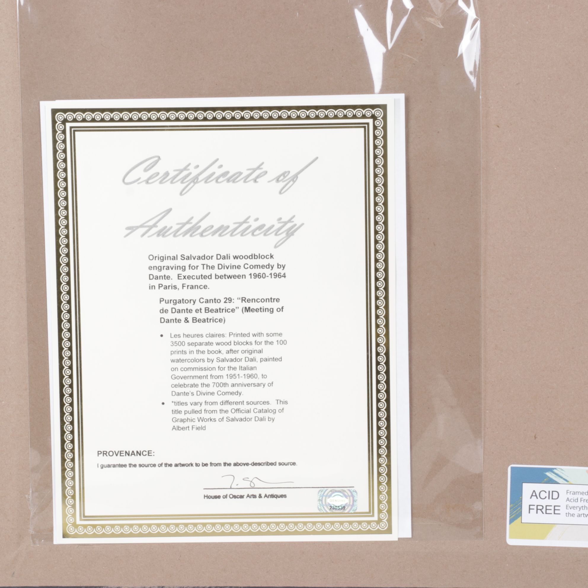 Salvador Dalí Wood Engraving "Rencontre de Dante et Béatrice," 1960-1964