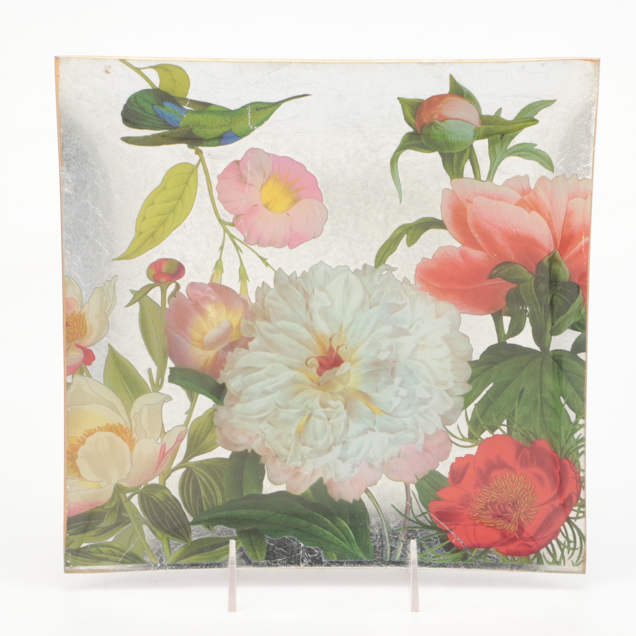 Pottery Barn Metal Pillar Candle Holders and Floral Glass Plate