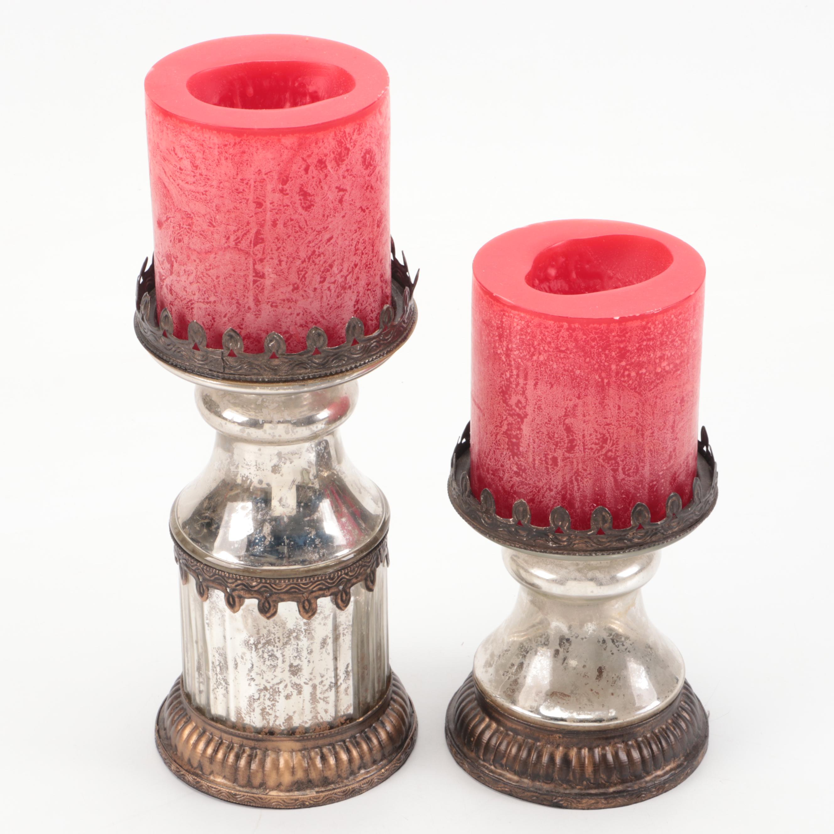 Pottery Barn Metal Pillar Candle Holders and Floral Glass Plate