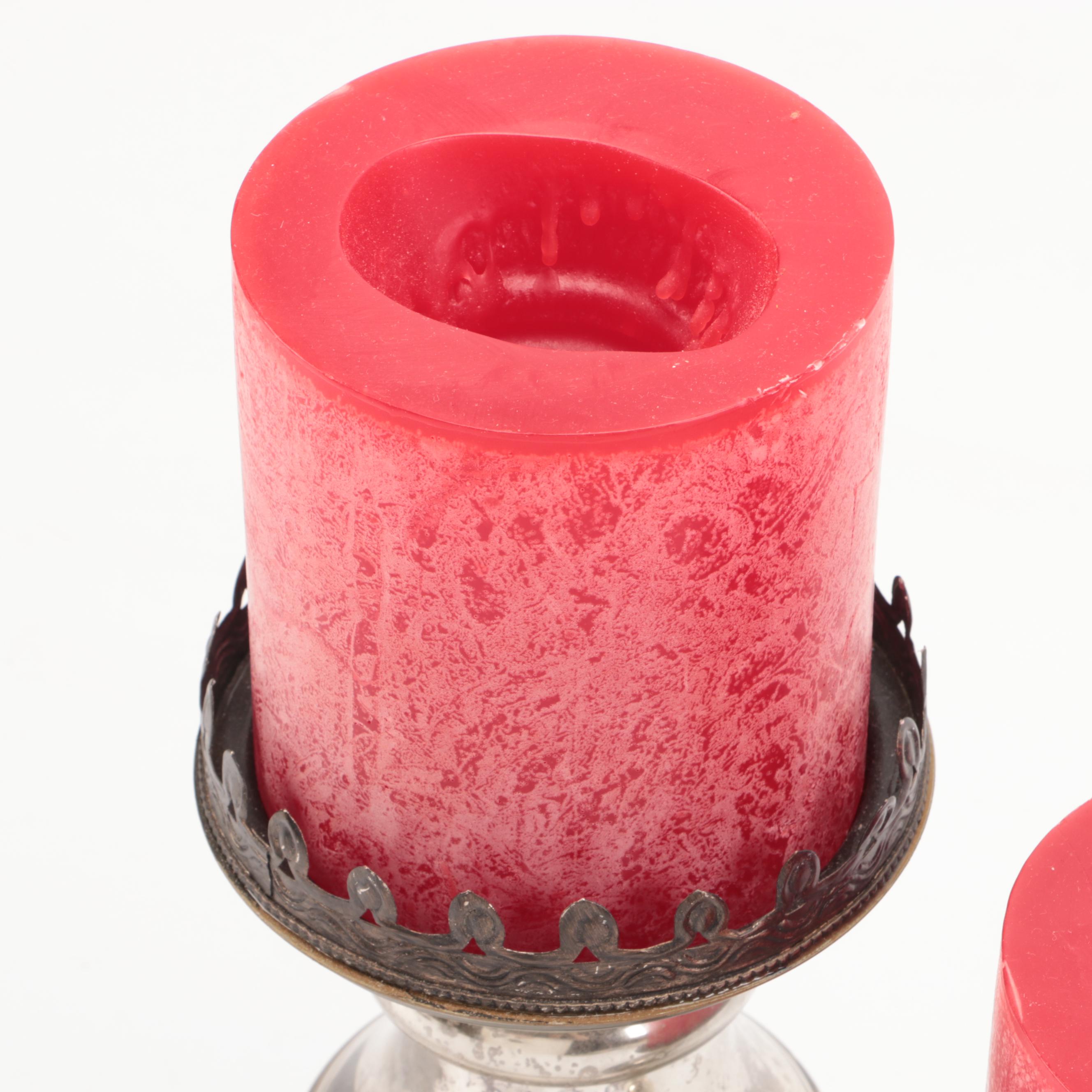 Pottery Barn Metal Pillar Candle Holders and Floral Glass Plate