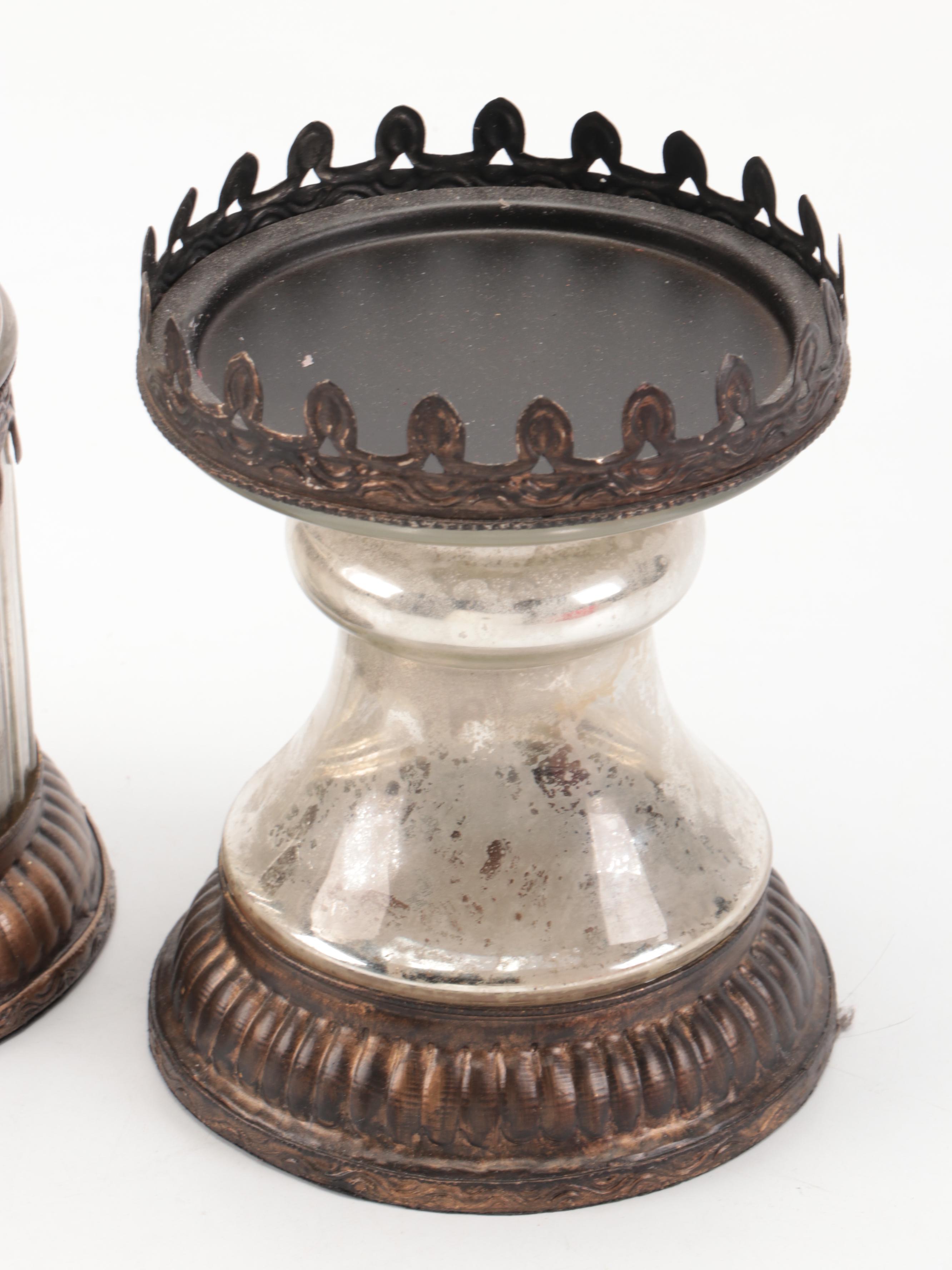 Pottery Barn Metal Pillar Candle Holders and Floral Glass Plate