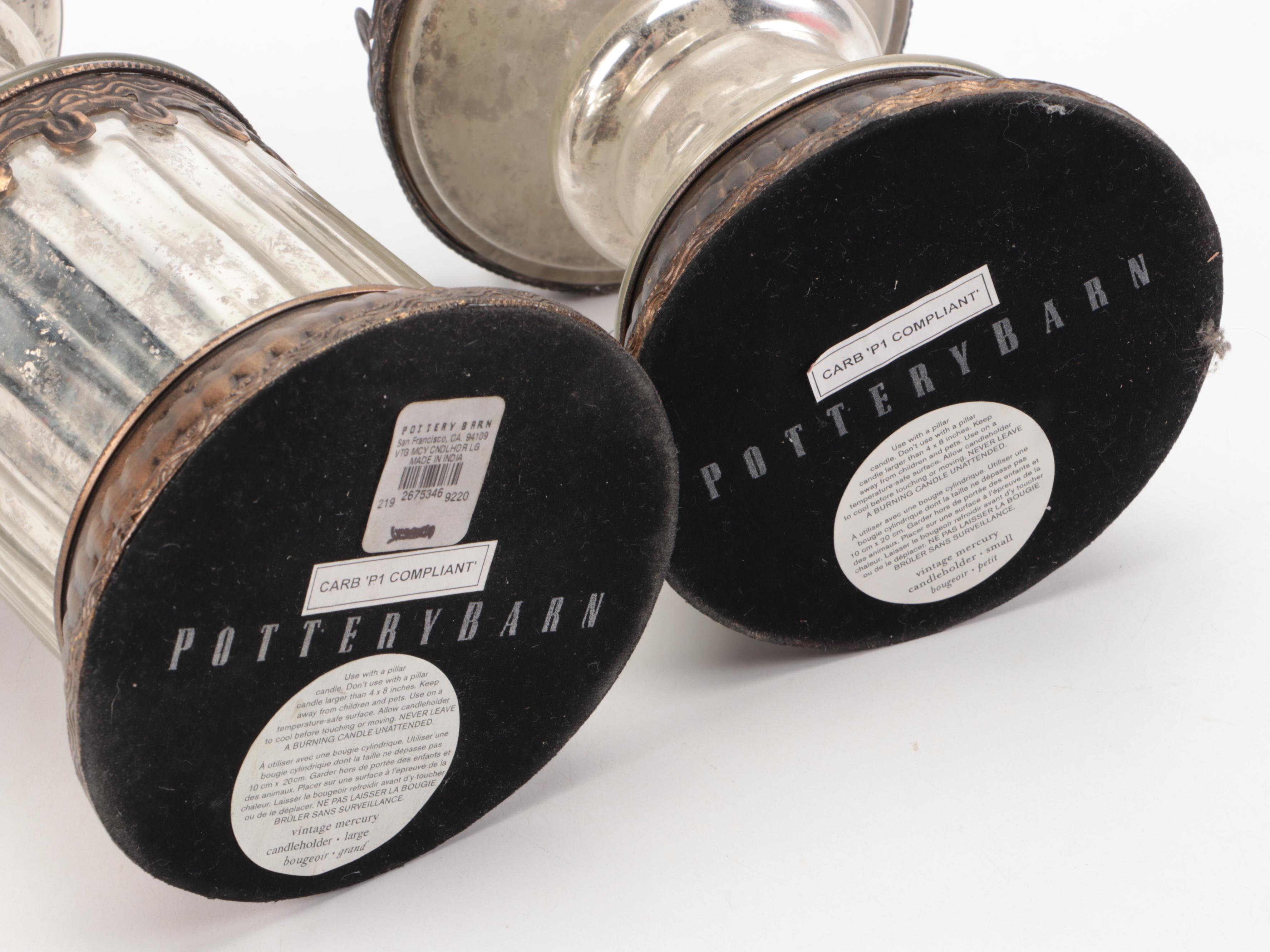 Pottery Barn Metal Pillar Candle Holders and Floral Glass Plate