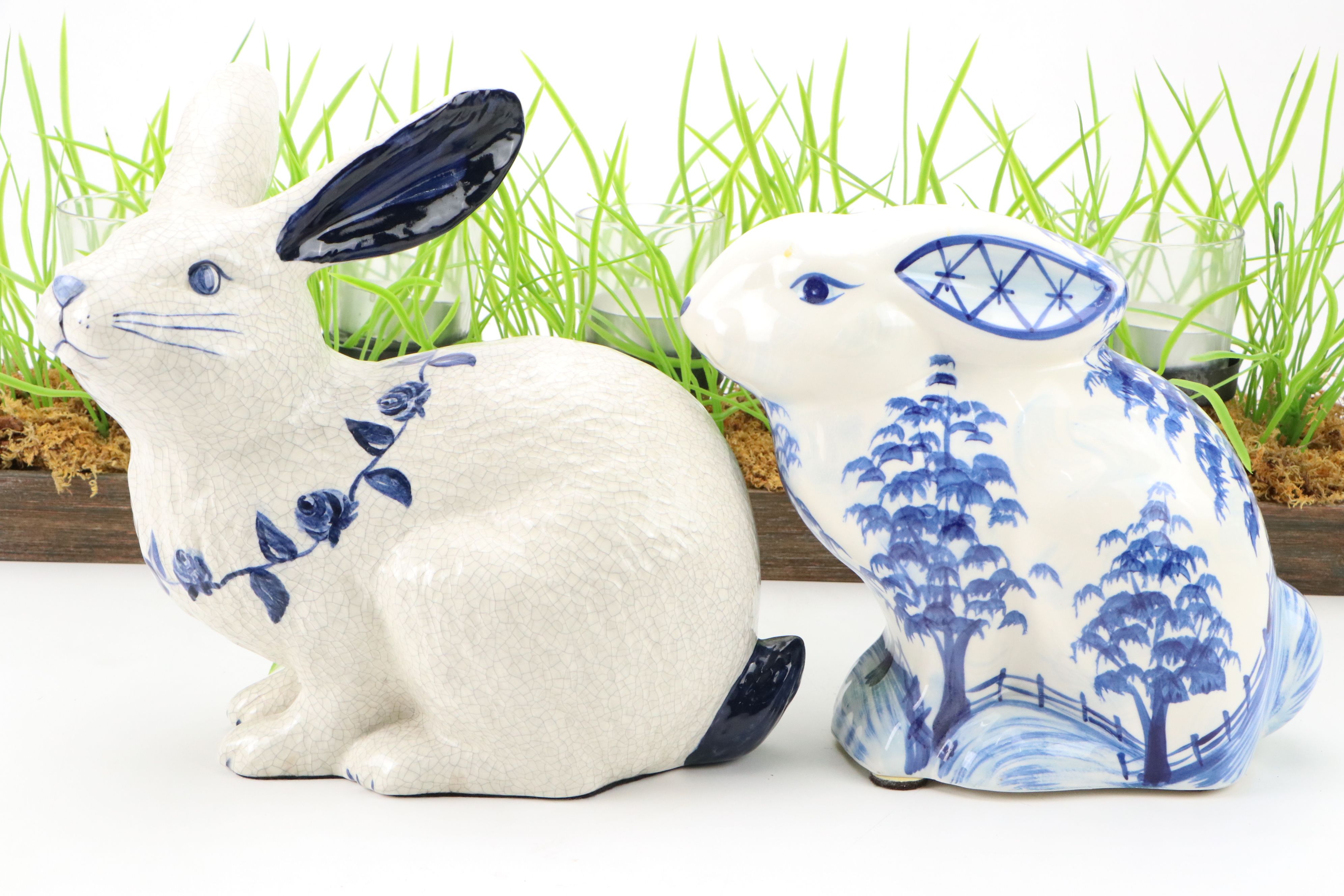 Dedham and Gail Pittman Ceramic Rabbits with Spring Grass Votive Candle Holder