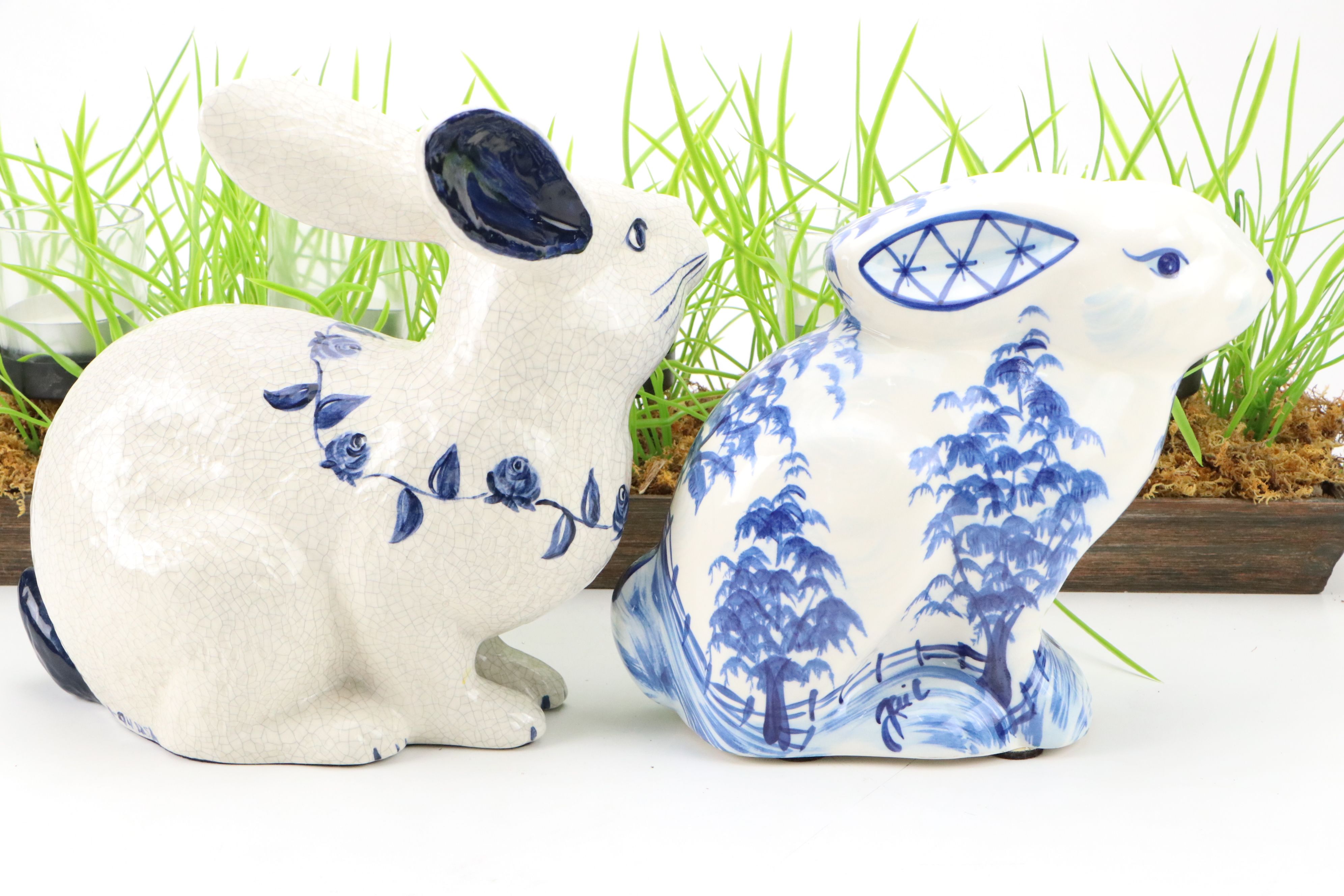 Dedham and Gail Pittman Ceramic Rabbits with Spring Grass Votive Candle Holder
