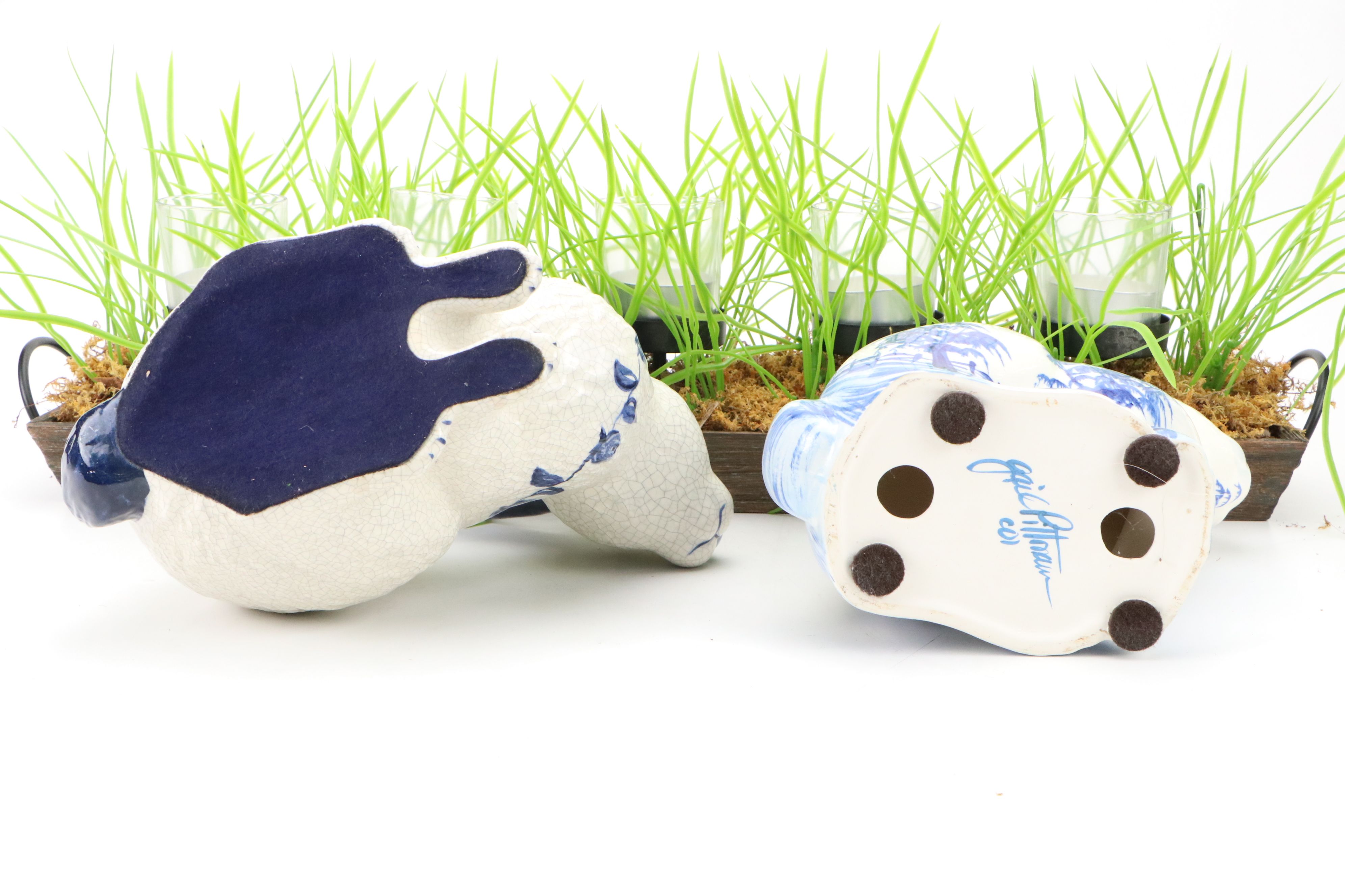 Dedham and Gail Pittman Ceramic Rabbits with Spring Grass Votive Candle Holder