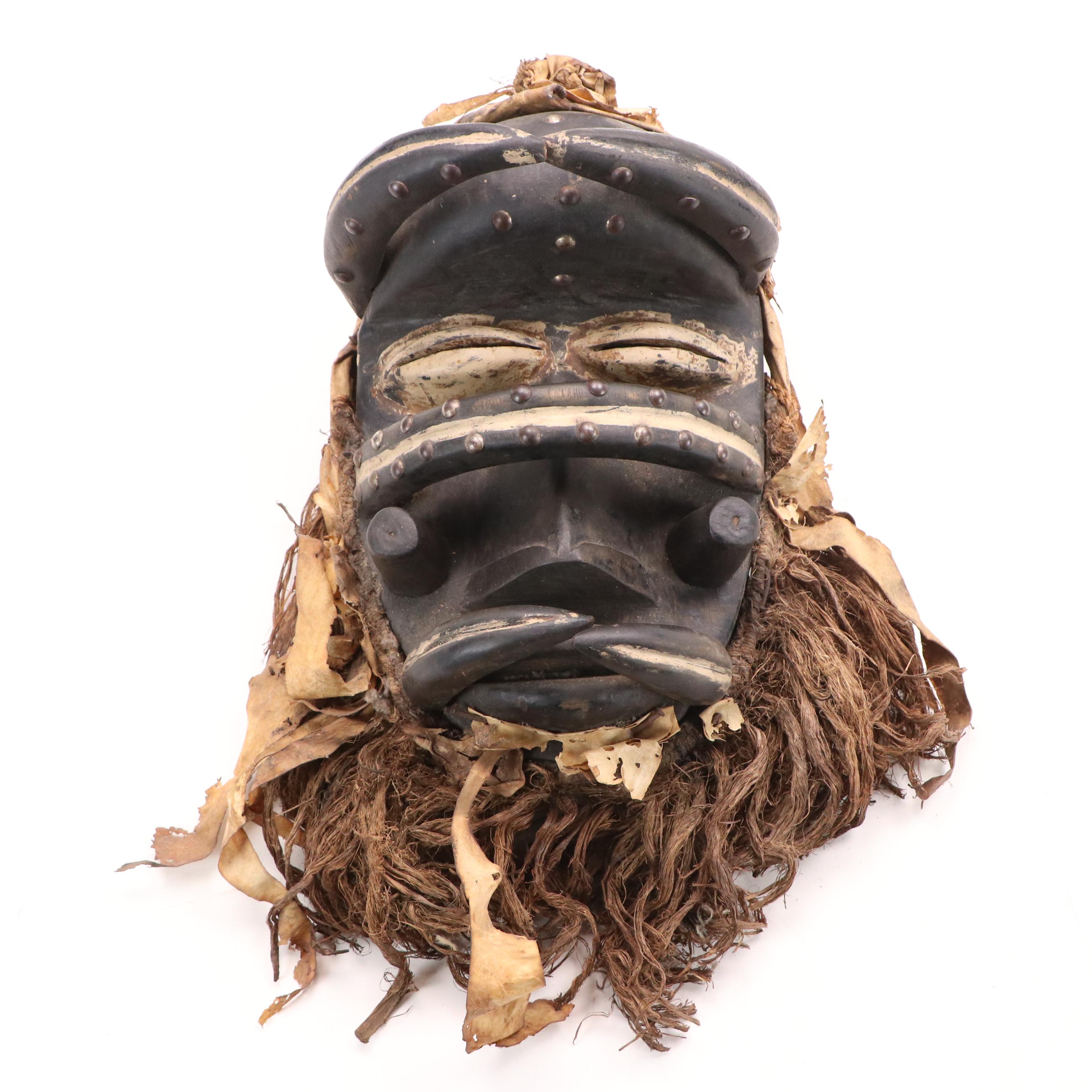 West African Style Hand-Carved Wooden Mask with Raffia Beard