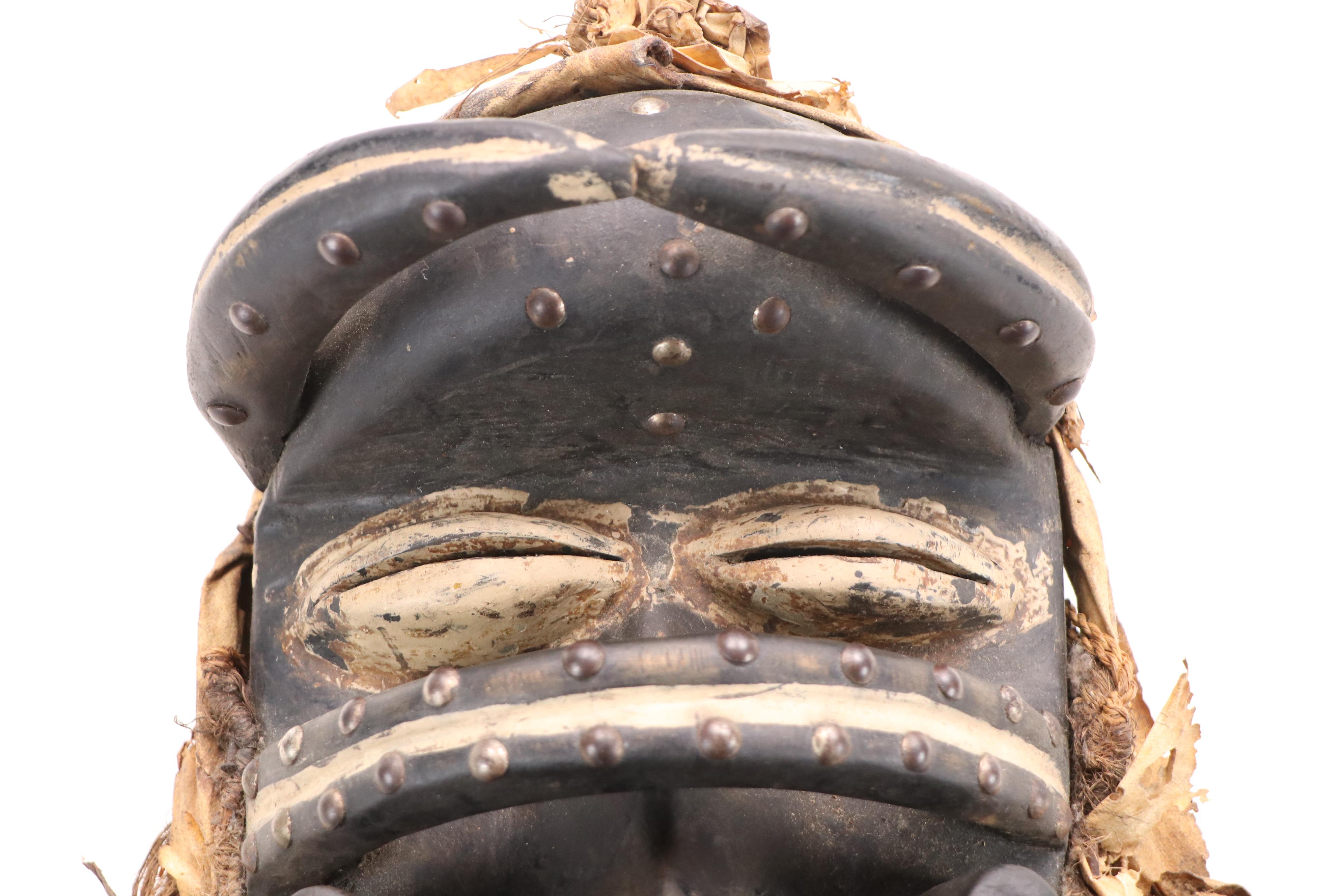 West African Style Hand-Carved Wooden Mask with Raffia Beard