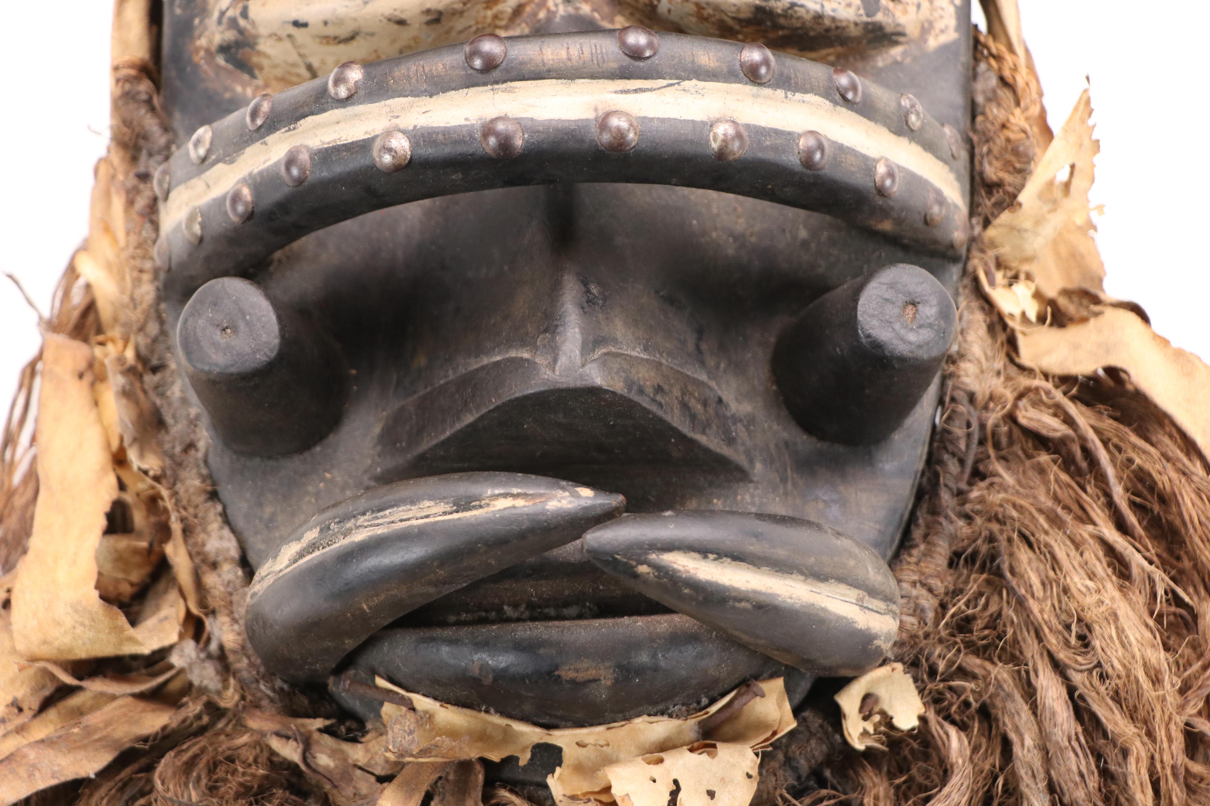 West African Style Hand-Carved Wooden Mask with Raffia Beard