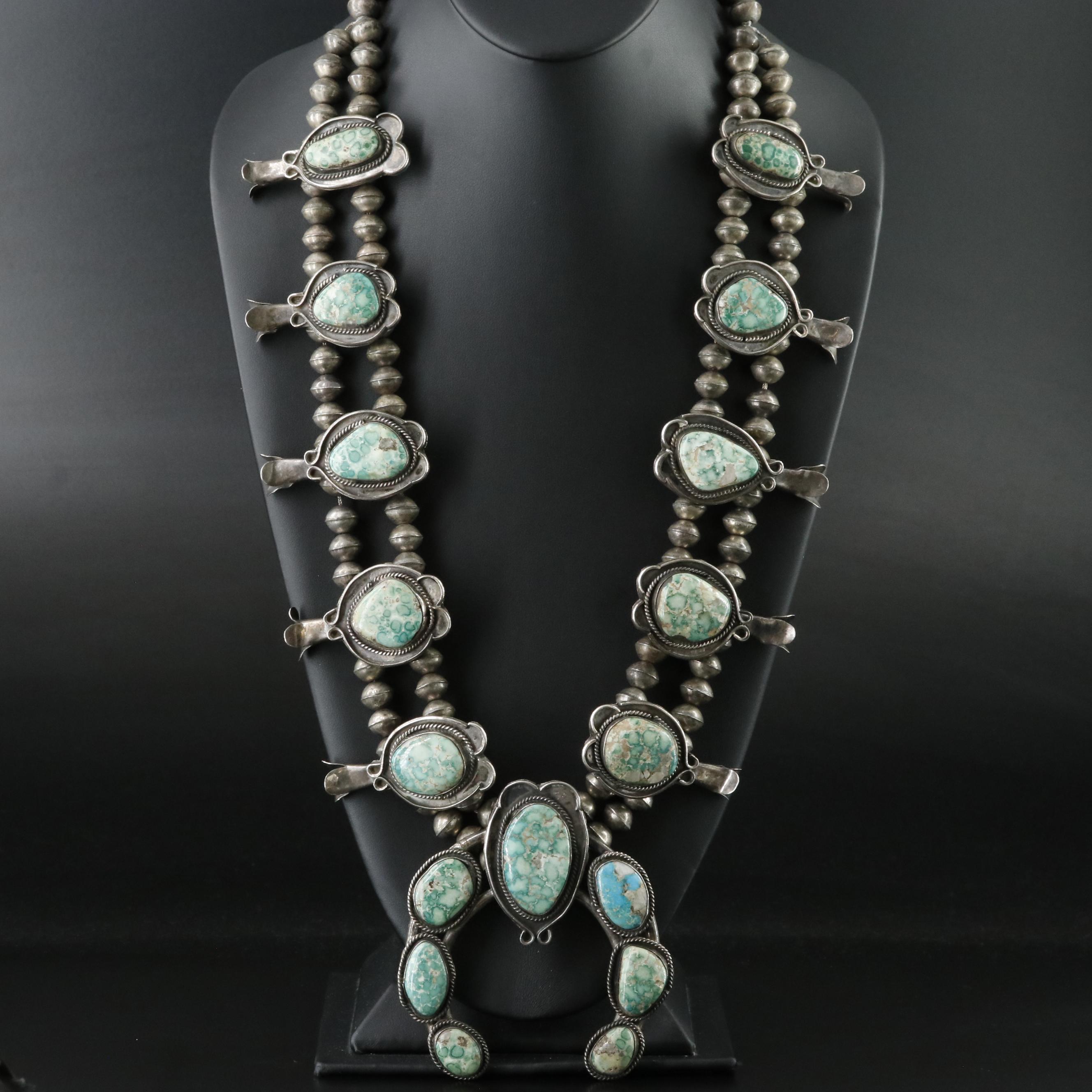Southwestern Sterling Turquoise Squash Blossom Necklace