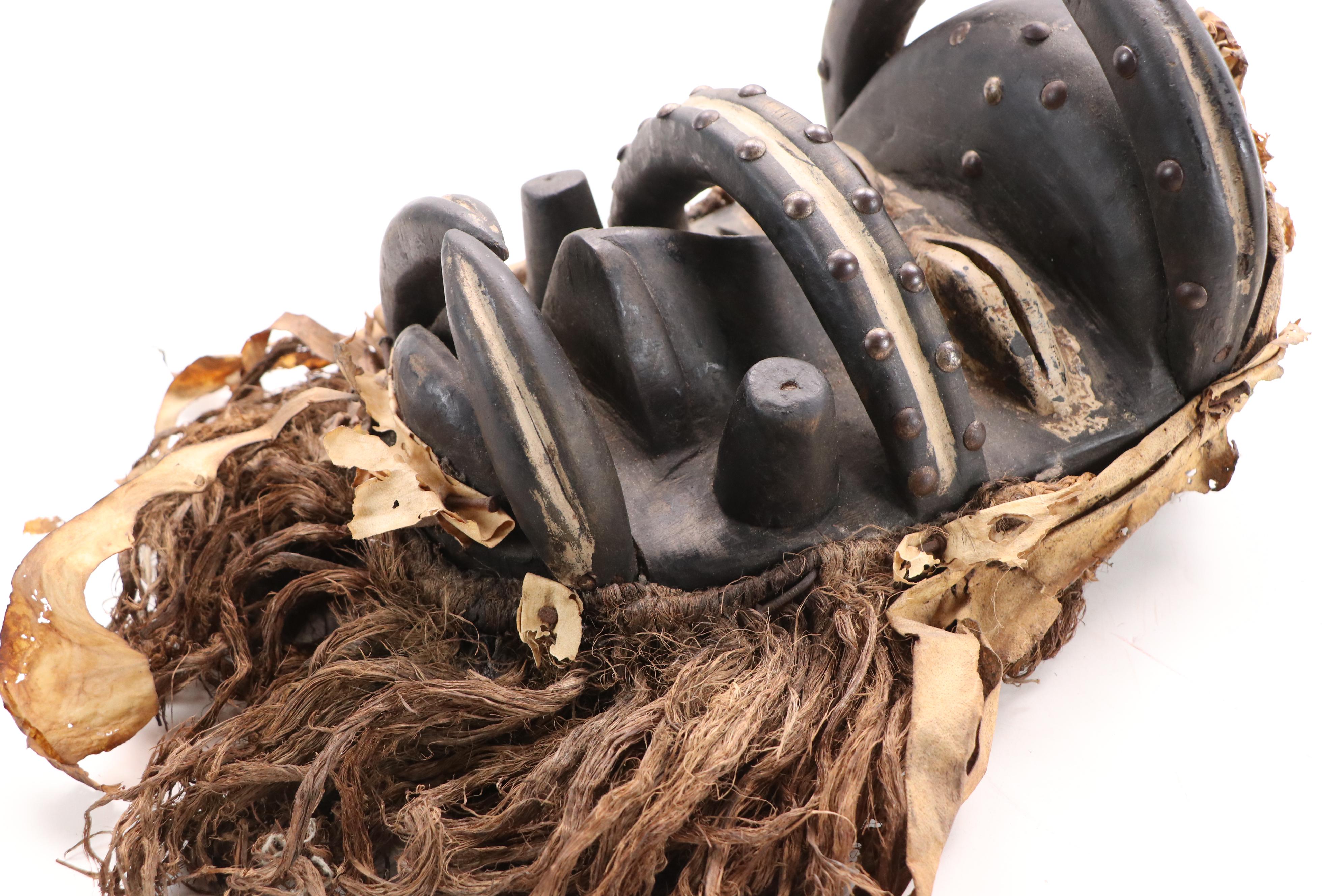 West African Style Hand-Carved Wooden Mask with Raffia Beard